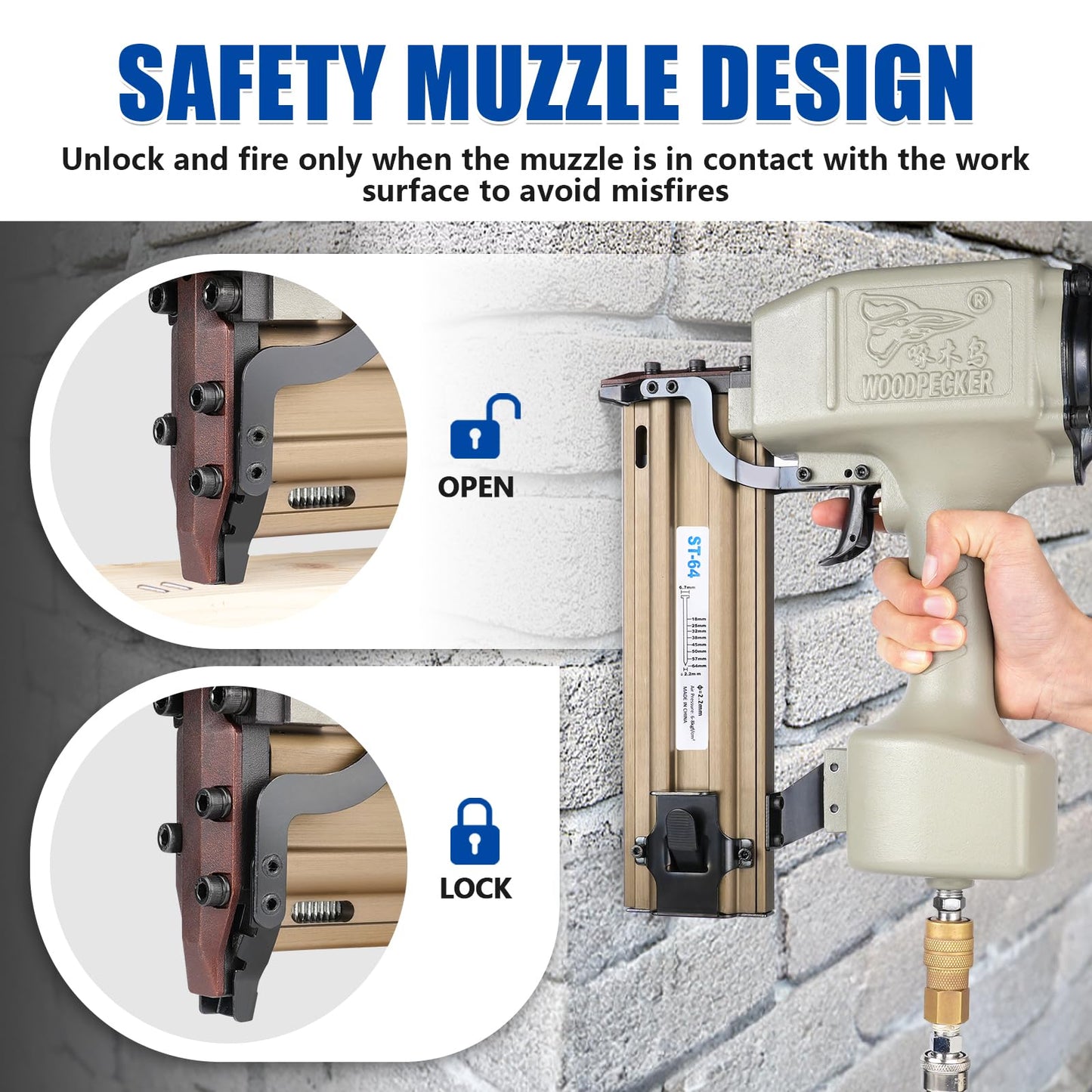 WOODPECKER ST64 Pneumatic Concrete T Nailer Kit with 1-1/4-Inch (32mm) T Nails × 800PCS
