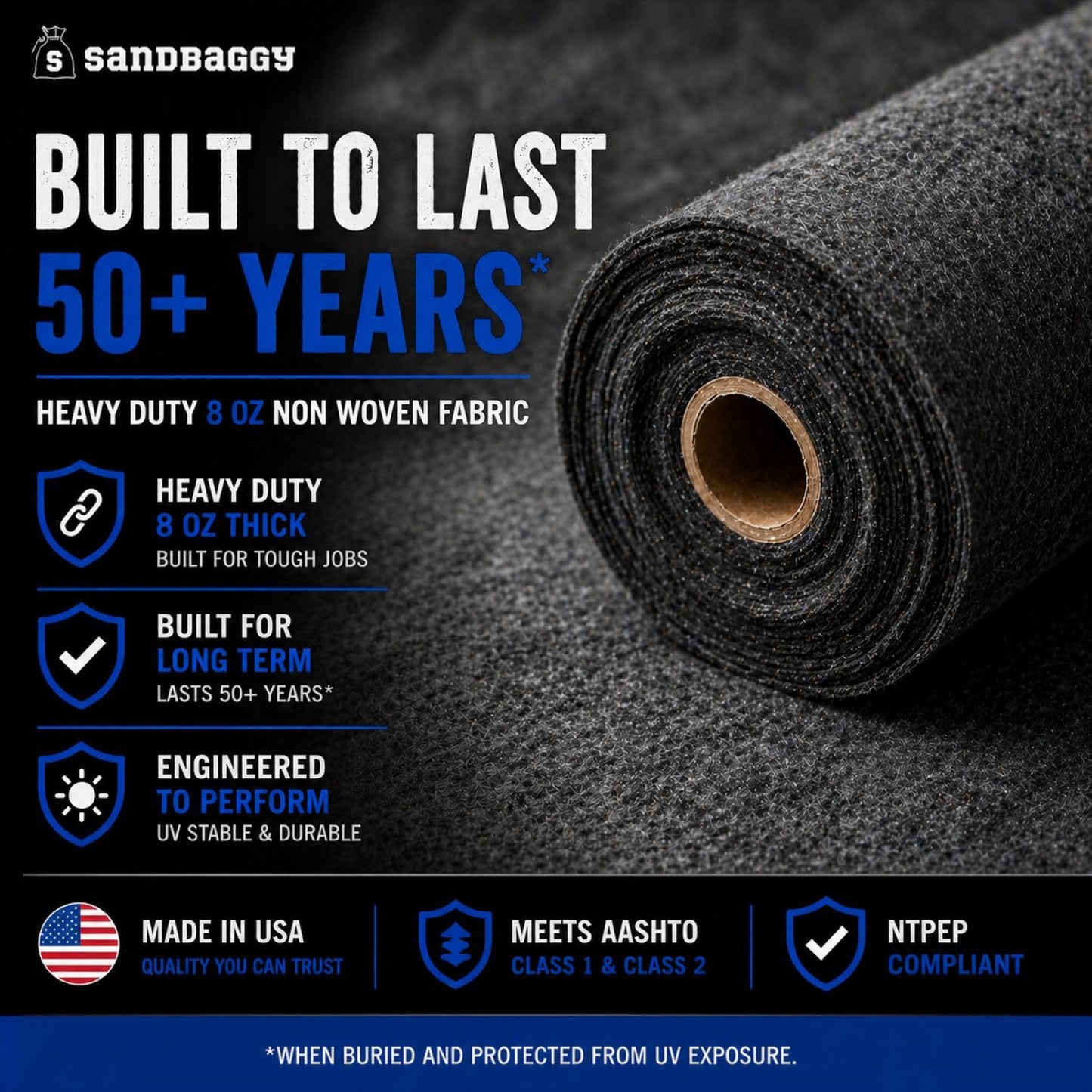 Soil Separation Fabric | Non-Woven Geotextile Filter Fabric (8 oz) – Drainage & Filter Barrier Fabric for French Drains & Trenches | USA Made - Sandbaggy (3 ft x 100 ft Roll)
