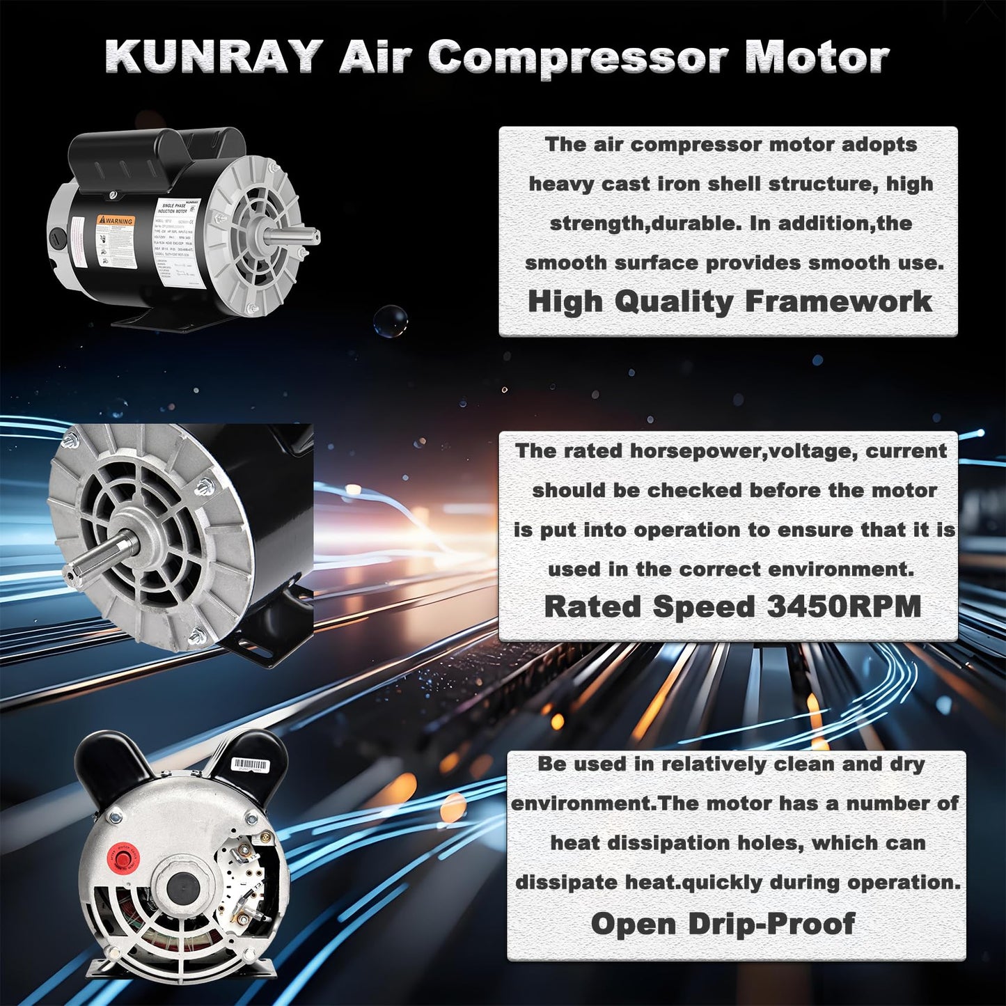 Kunray Air Compressor Motor, 3HP SPL Electric Motor, 56 Frame 3450 RPM,115/230V,18/9Amps Single Phase Motor, 5/8" Keyed Shaft, 1.88" Shaft Length 60 HZ,CCW Rotation