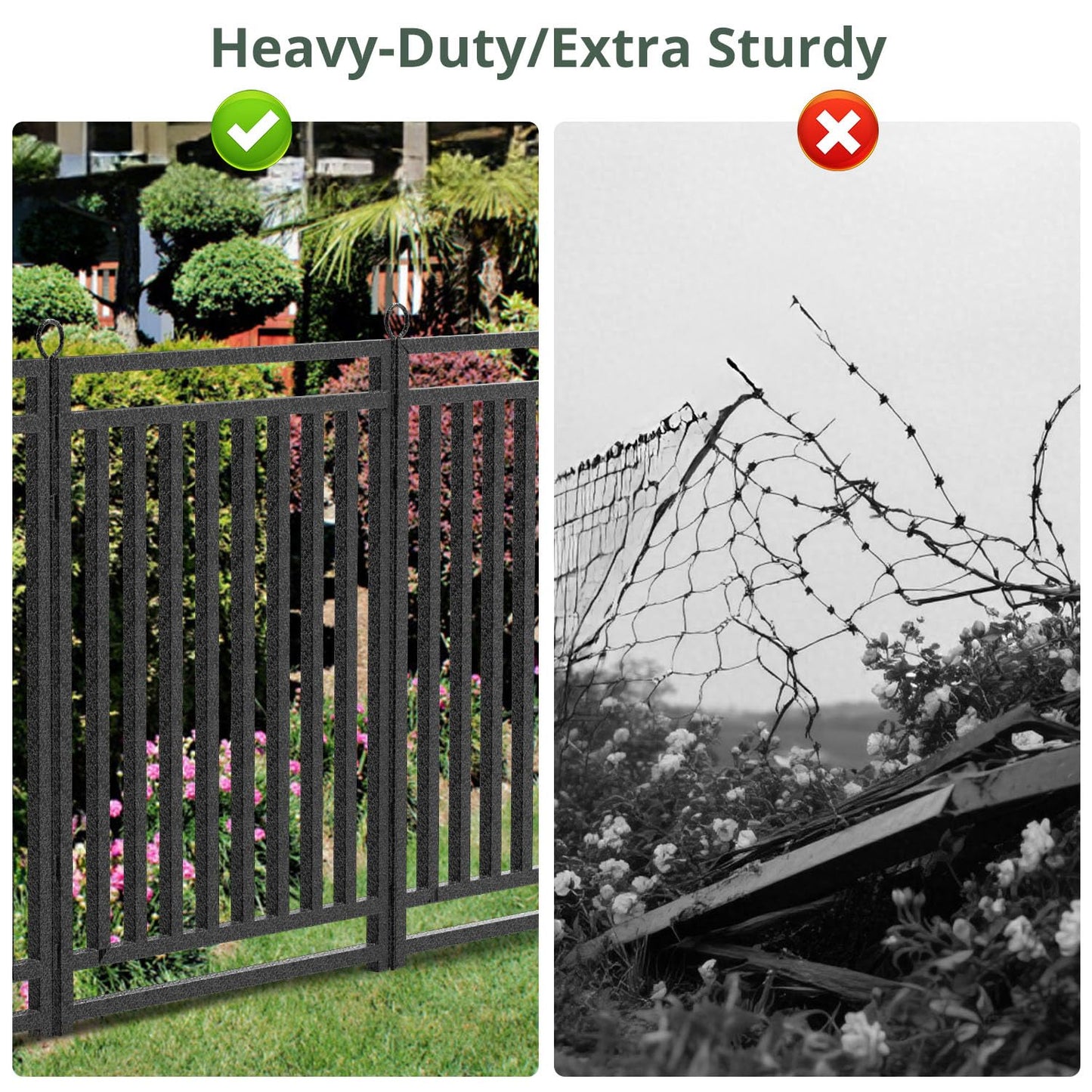 Decorative Garden Fence Metal Dog Fence Outdoor for Yard, 110ft (L) × 40in (H), 42 Panels + 6 Gates, Heavy Duty Animal Barrier Fencing for Patio & Flower Bed, No Dig, Black-Silver