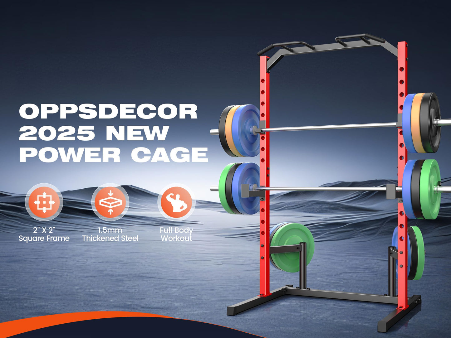 OPPSDECOR Squat Rack, Multi-Function Power Cage Rack with Adjustable Weight Bench, Squat Rack with Pull-up Bar, J-Hooks, More Training Attachment for Home Gym