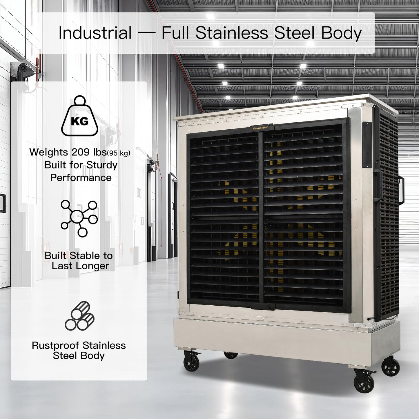 YougetTech 18000 CFM Industrial Swamp Cooler, 43.6Gal Stainless Steel Evaporative Air Cooler, 7‑Speed Oscillating Fan for Warehouse Factory Workshop
