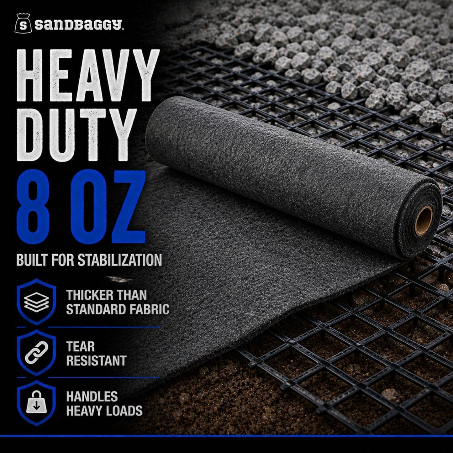 Sandbaggy Geogrid & Geocell Underlayment Fabric | Non-Woven Geotextile (8 oz) – Soil Stabilization for Driveways, Roads & Gravel – Erosion Control for Slopes & Walls | USA Made (15 ft x 50 ft Roll)