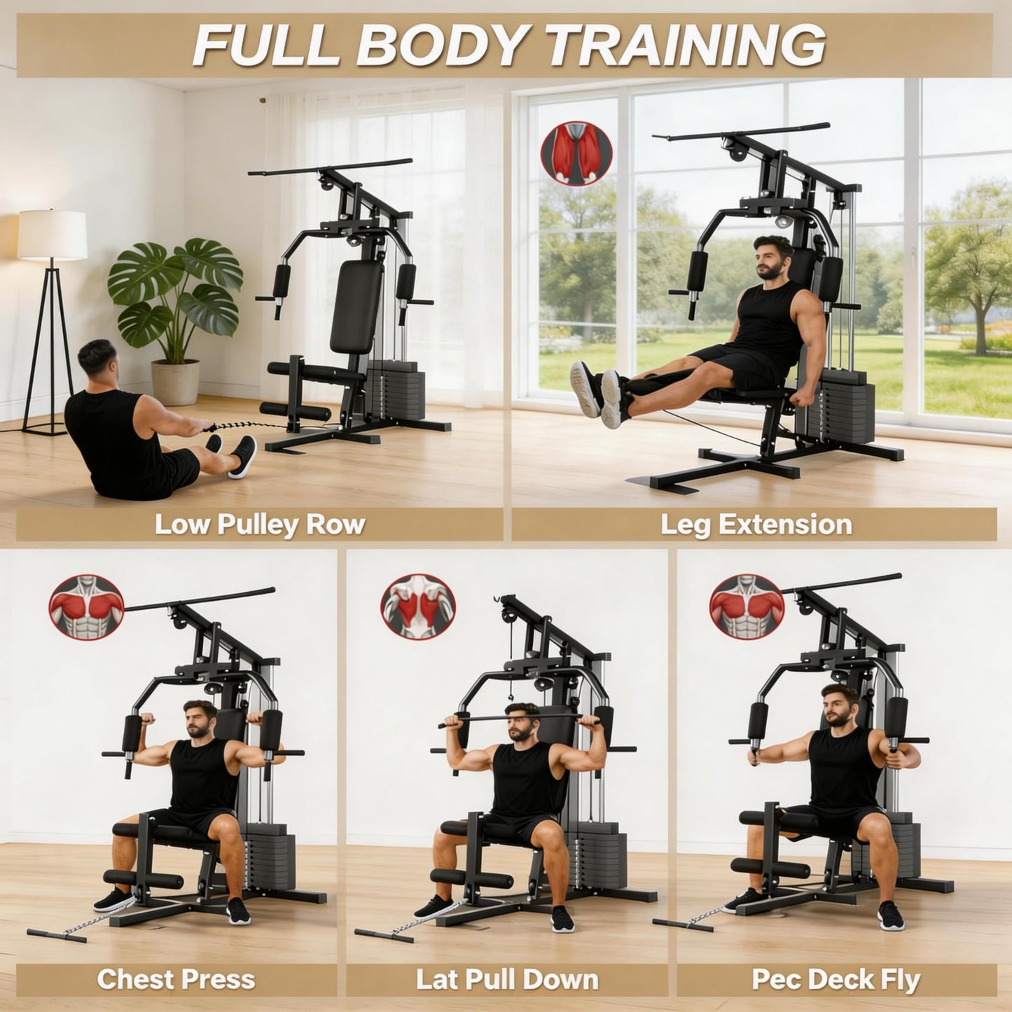 Multifunctional Home Gym Equipment with 100LB Weight Stack, Full Body Workout Machine for LAT Pulldown, Chest Press, Leg Extension & Seated Row, All-in-1 Strength Training Station