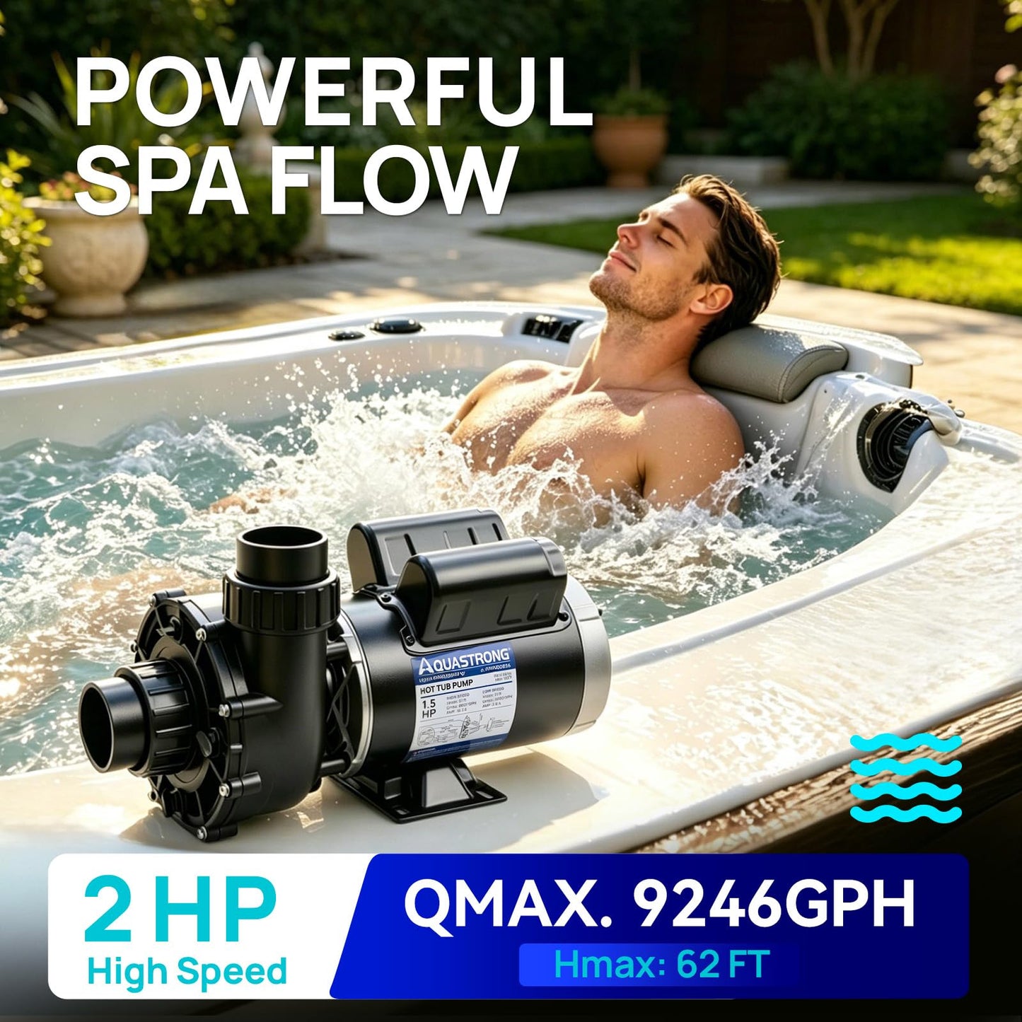 Aquastrong SPA Pump, Dual Speed Hot Tub Pump, Pure Copper Motor, Low Noise, Easy Installation with 1.5" & 2" Adapters, 90° Rotating Inlet & Outlet, Compatible with Hot Tubs & Spa Systems, Black
