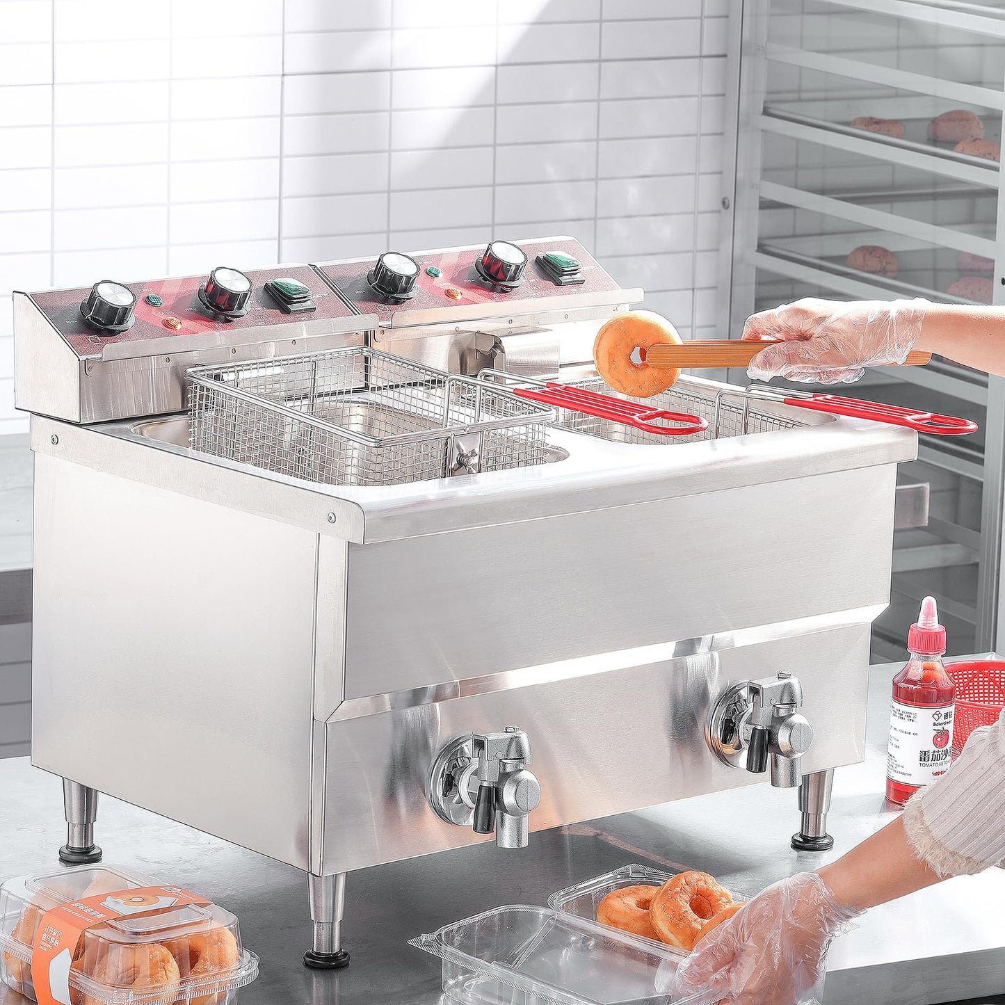 EGGKITPO (ECF4-NG) 50LB 120,000 BTU Natural Gas Fryer and 12L × 2 Commercial Fryer with Timer and Oil Drain Electric Deep Fryer(120v 3500w)