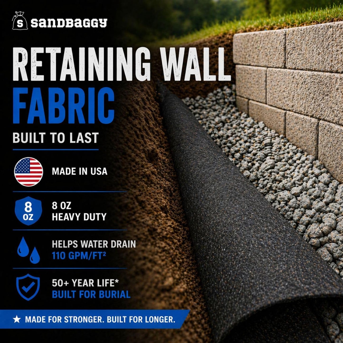 Sandbaggy Retaining Wall Fabric | Non-Woven Geotextile Filter Fabric (8 oz) – Drainage Fabric for Behind Retaining Walls & Landscape Use – USA Made (10 ft x 50 ft Roll)