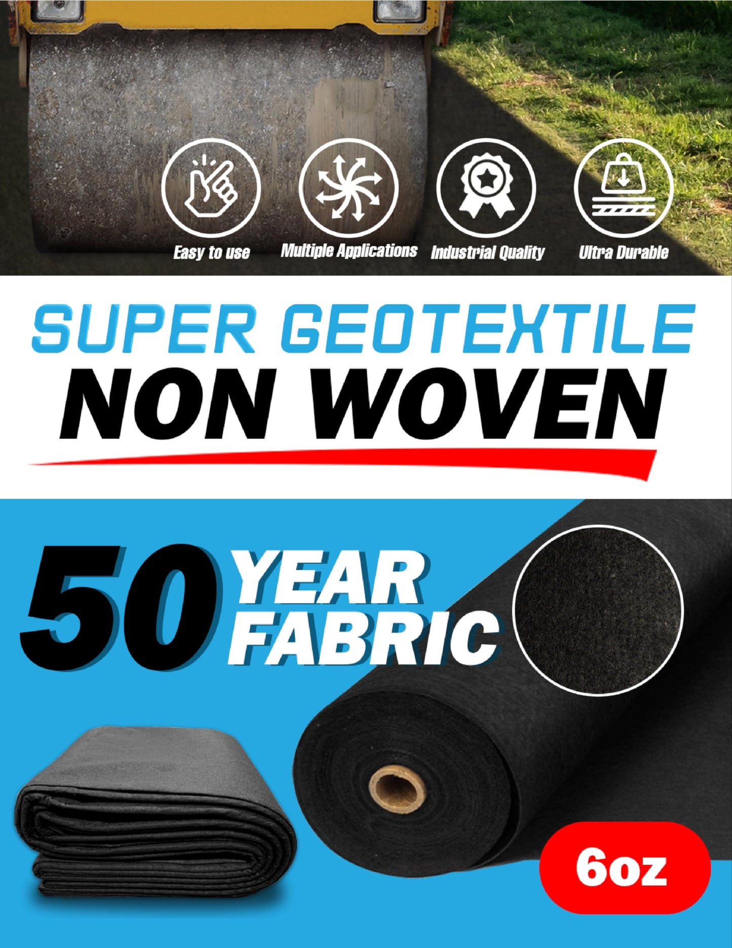 Super Geotextile 4, 6, 8 oz Non Woven Fabric for Landscaping, French Drains, Underlayment, Erosion Control, Construction Projects - 6 oz (6X100)