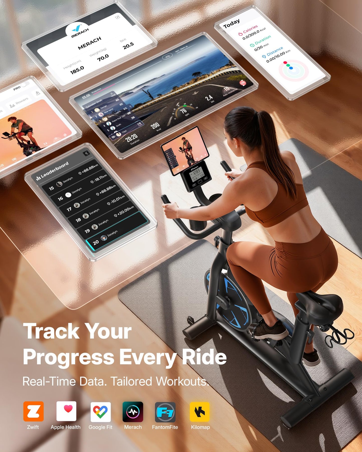 Merach Magnetic Exercise Bike, Low Noise Stationary Bike for Home with Comfortable Seat Cushion, Spinning Bike with 330 lb Weight Capacity, Exclusive App, Tablet Mount and Fitness Courses