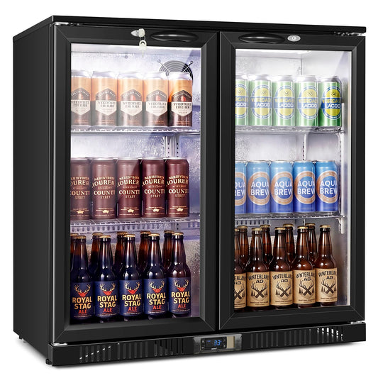 35.42" W Commercial Under Counter Beverage Refrigerator, 2 Glass Door Back Bar Cooler, Built-in/Freestanding 7.4Cuft Drink Fridge with LED Light, Auto Defrost, Low-E Glass & Safety Lock, Rebound door