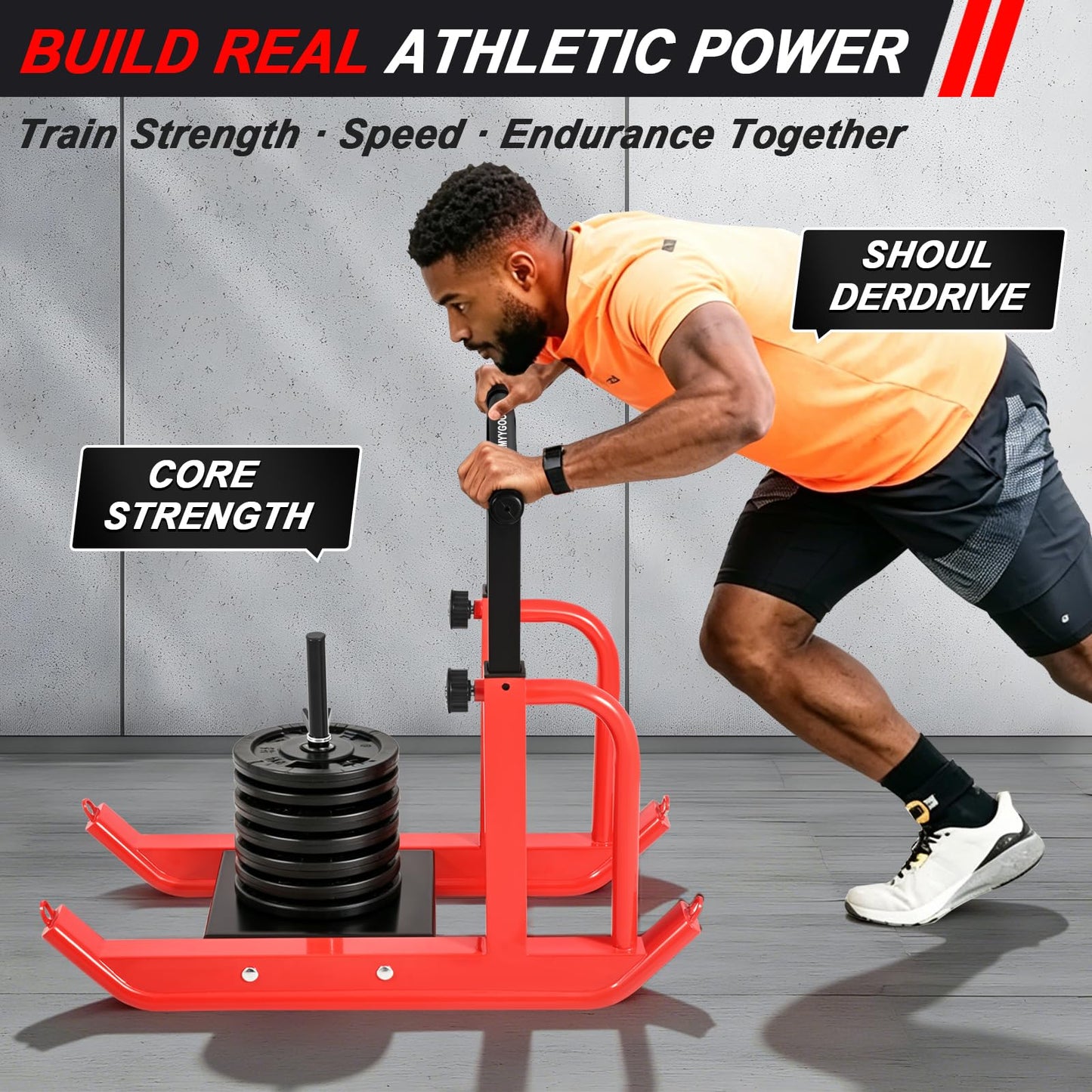 Heavy-Duty Adjustable Training Sled, 5-Level Height Adjustment, Push/Pull Dual-Use, Compatible with 1" & 2" Weight Plates, Strength & Speed Training for Soccer, Fitness & Conditioning, All-Ages