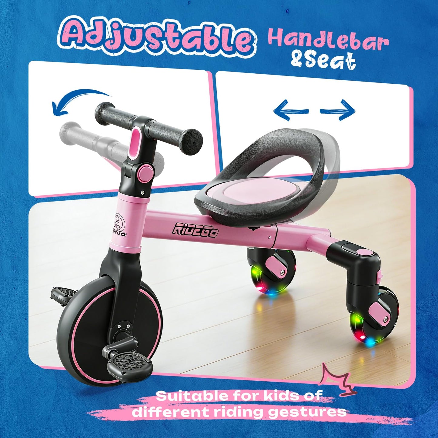Ridego 3-in-1 Toddler Tricycle for 2-5 Years, Drift Trike with 360° Spin, Light Up Wheels, Adjustable Seat, Toddler Bike for Boys Girls