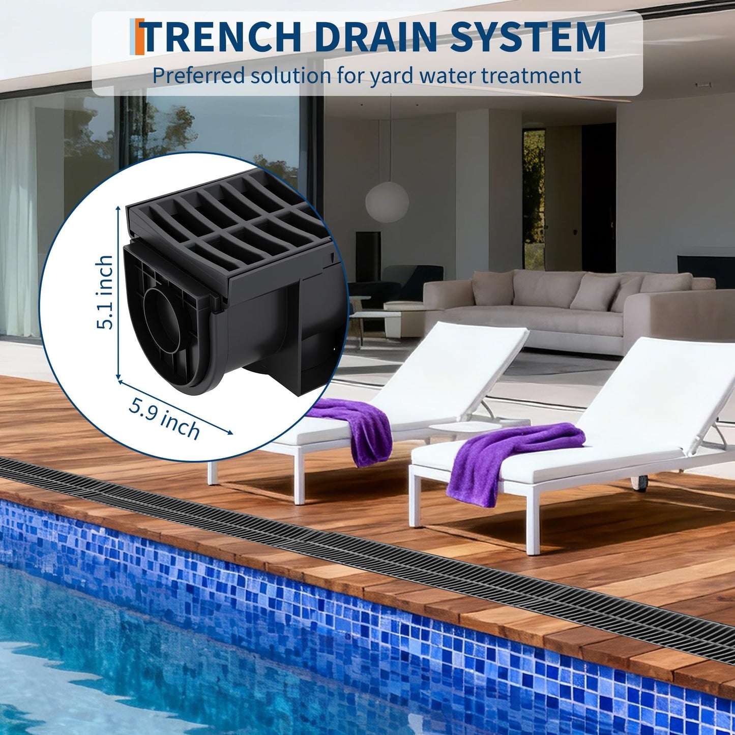 GarveeHome 5-Pack HDPE Trench Drain System, 5.9" w x 5.1" h Driveway Drainage Channel with Plastic Grates & End Caps, Heavy Duty for Patio, Garage, Yard & Pool Deck - Black 39.4" l