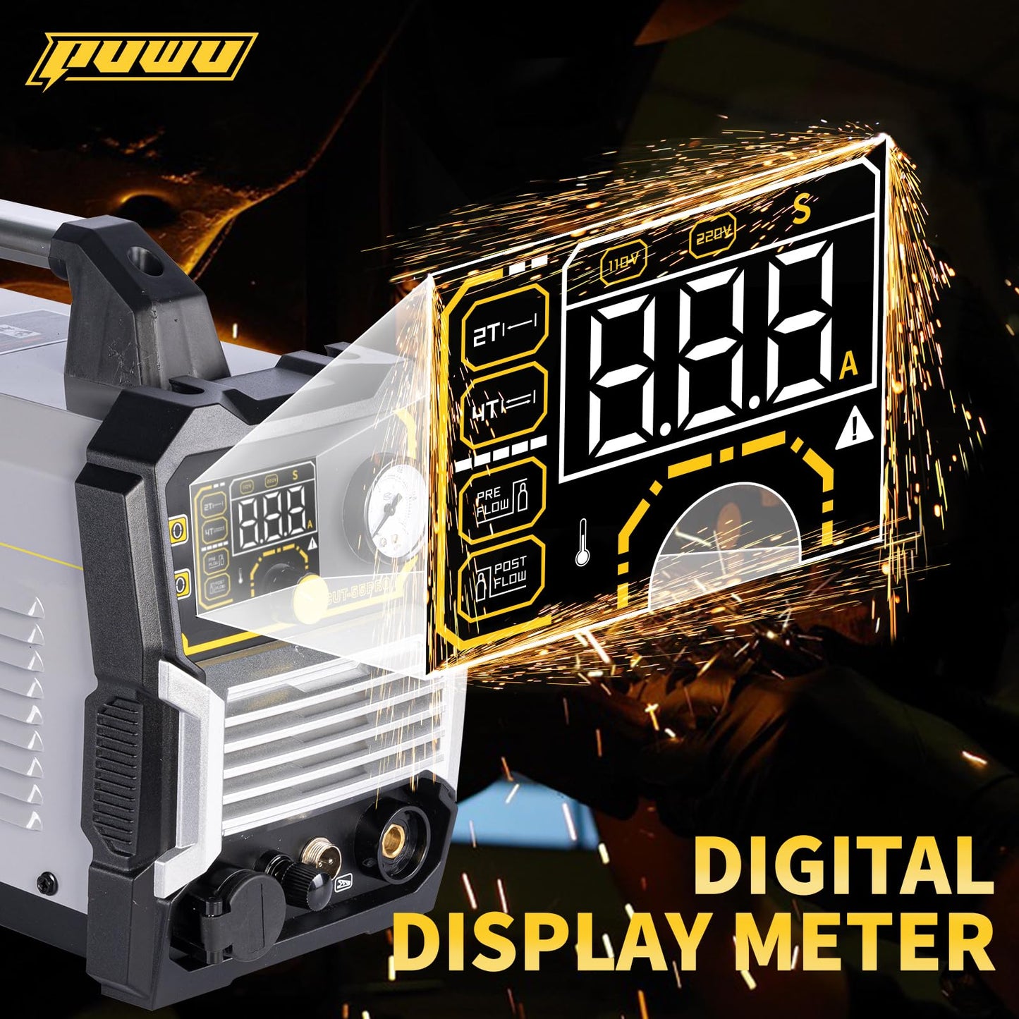 PUWU Plasma Cutter 55Amp High Frequency Non-Touch Pilot Arc,Digital Display IGBT Inverter 110/220V Dual Voltage Blowback Plasma Cutting Machine,2T/4T，5/8” Clean Cutting Thickness，PA/PT Adjustable