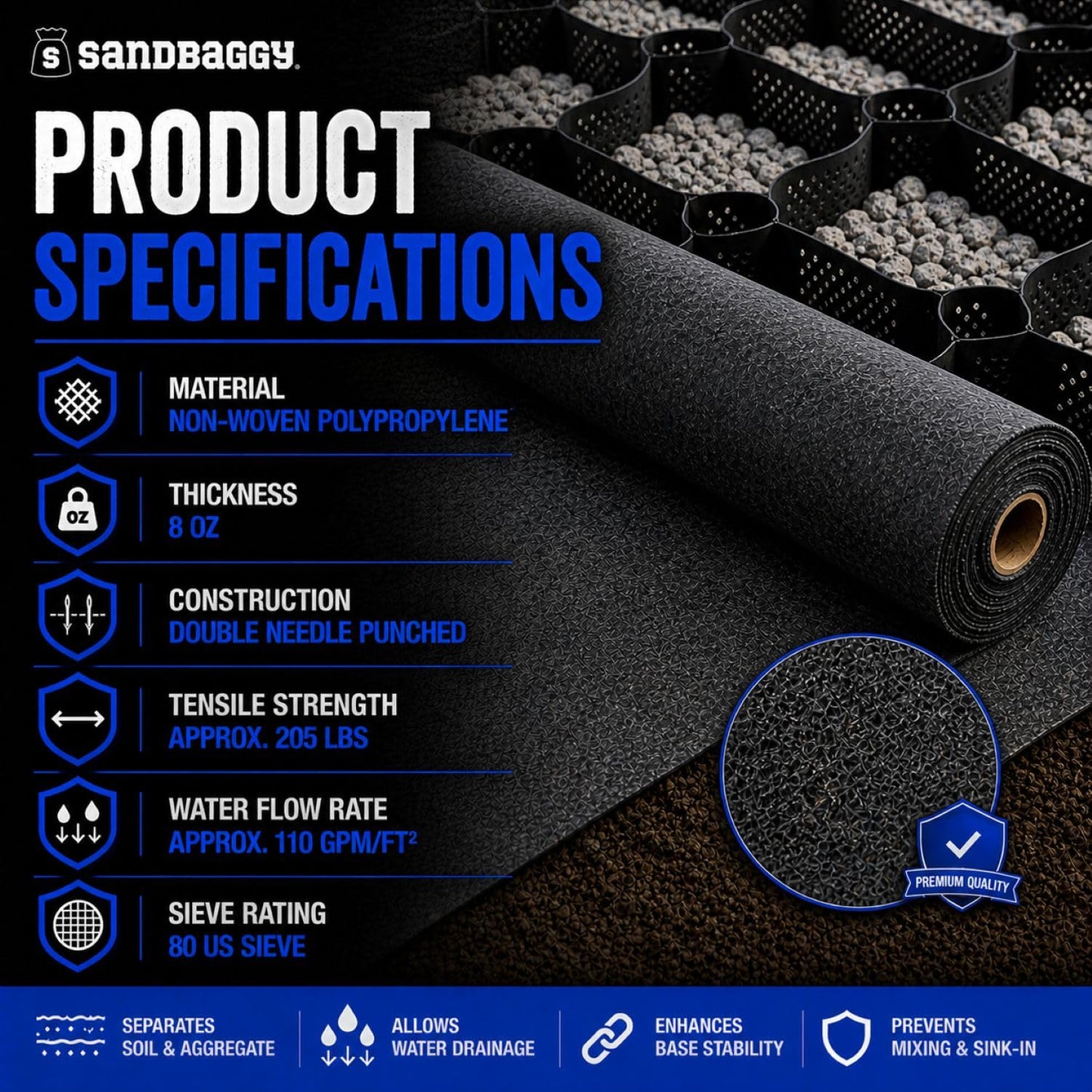 Sandbaggy Geogrid & Geocell Underlayment Fabric | Non-Woven Geotextile (8 oz) – Soil Stabilization for Driveways, Roads & Gravel – Erosion Control for Slopes & Walls | USA Made (6 ft x 100 ft Roll)
