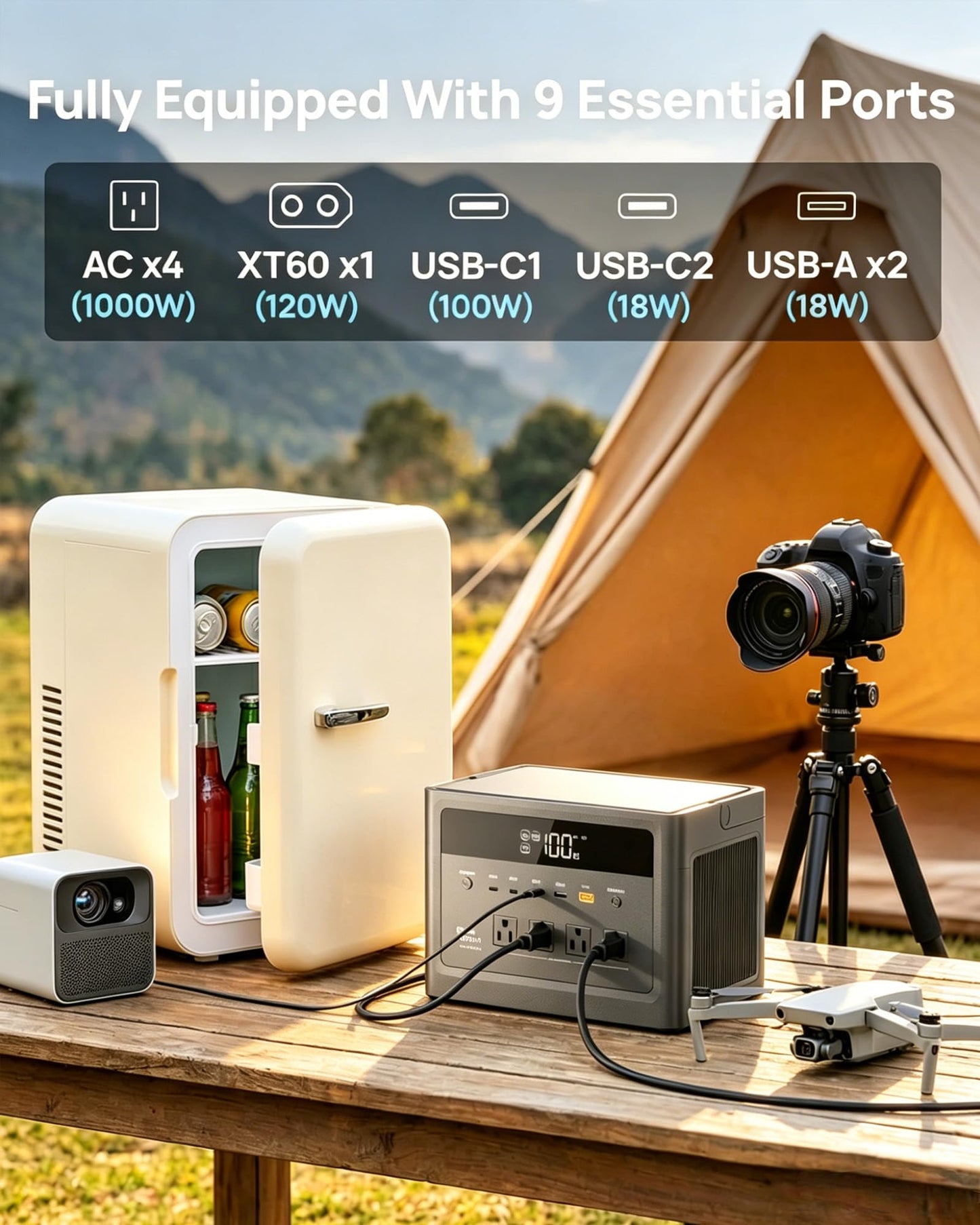 DARAN Portable Power Station 1000W, 576Wh Solar Generator with 4 AC Outlets (2000W Surge), 100W PD Fast Charge, LiFePO4 Battery Backup for Camping, RV & Home Use