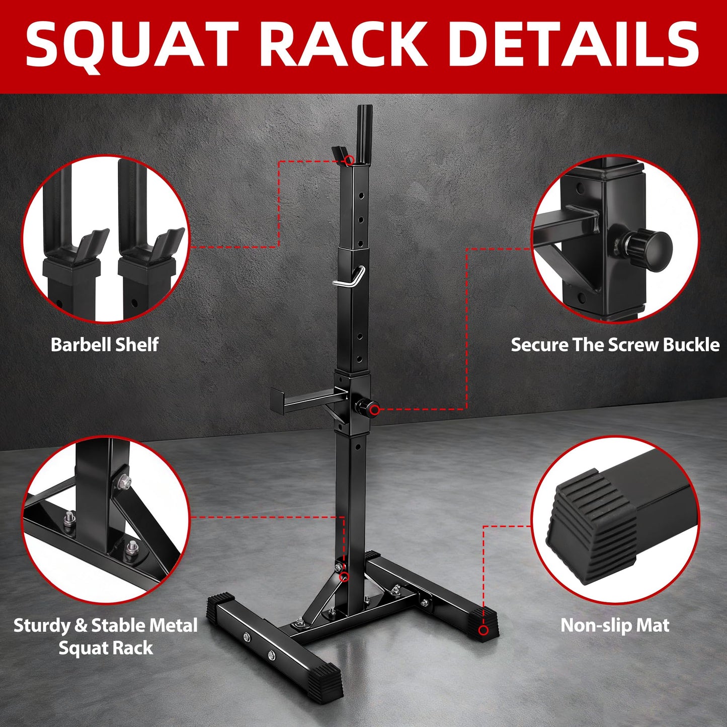 JupiterForce Adjustable Squat Rack Stands Pair of Sturdy Steel Bench Press Rack, Barbell Rack, 40''-66'' 550lbs Max Load Portable Weight Lifting Dumbbell Racks Stands for Home Gym, Black