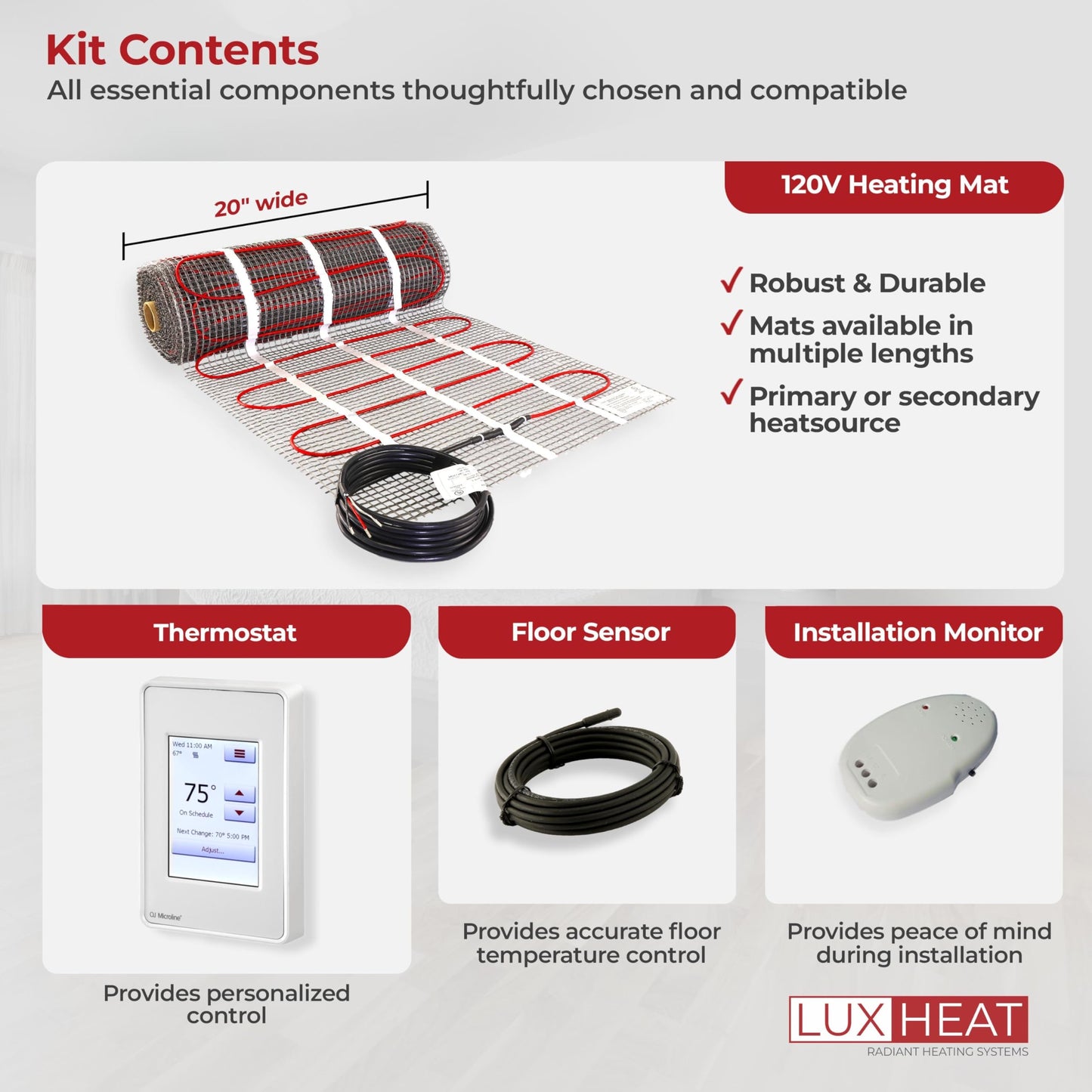 LuxHeat 35sqft Floor Heating Mat Kit - 120v Heated Tile Floor Kit - Complete Electric Radiant Heated Flooring System Includes Alarm, UDG4 Touchscreen Programmable Thermostat w/GFCI & Flooring Sensor