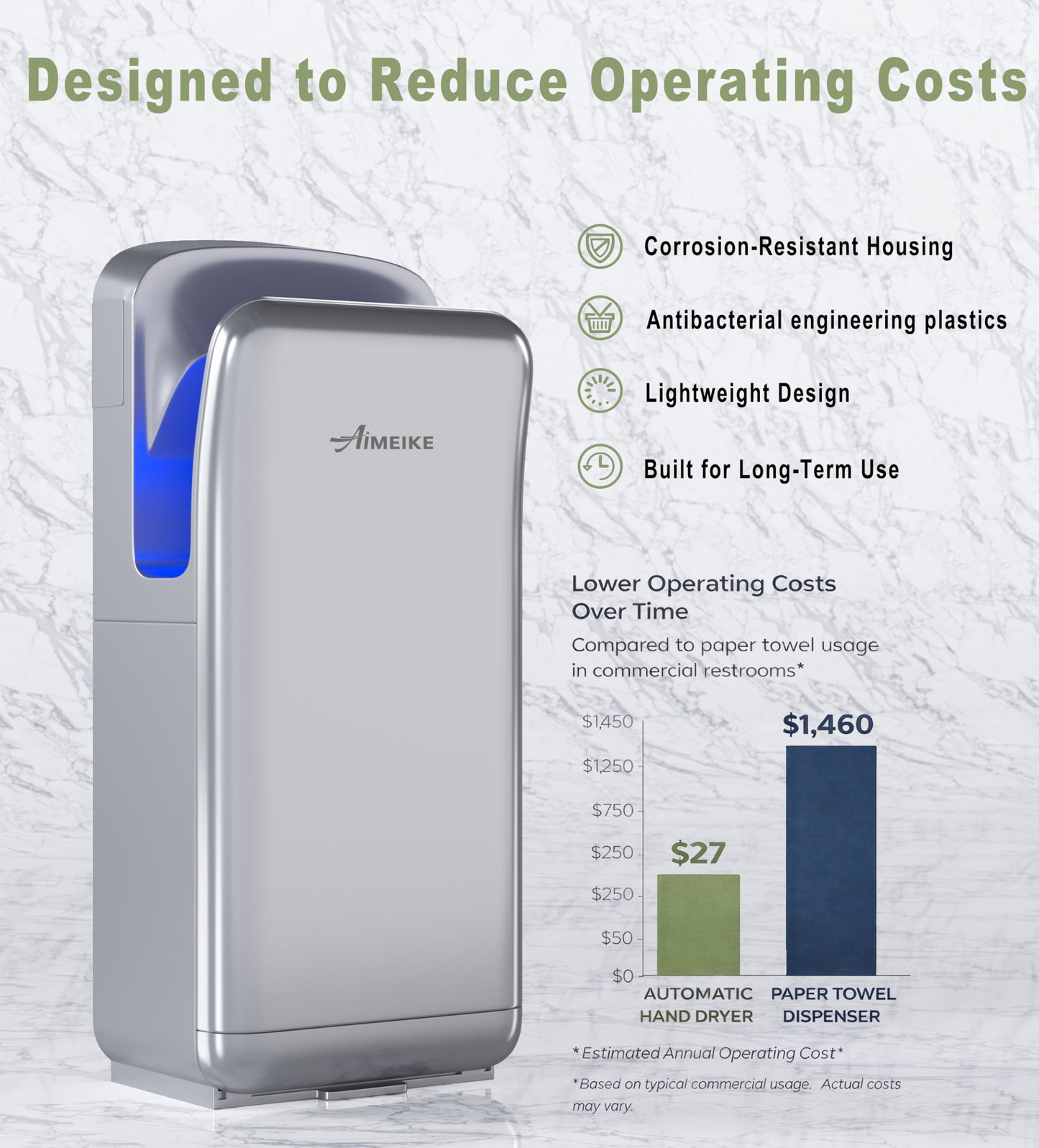 AIMEIKE Commercial Hand Dryer, Vertical High-Speed Electric Hand Dryer for Bathrooms, Automatic Touchless Hands-in Hand Dryer for Large Public Restrooms, Offices, Hotels, Schools, Silver