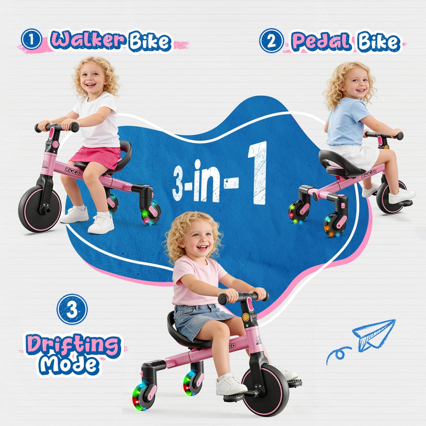 Ridego 3-in-1 Toddler Tricycle for 2-5 Years, Drift Trike with 360° Spin, Light Up Wheels, Adjustable Seat, Toddler Bike for Boys Girls
