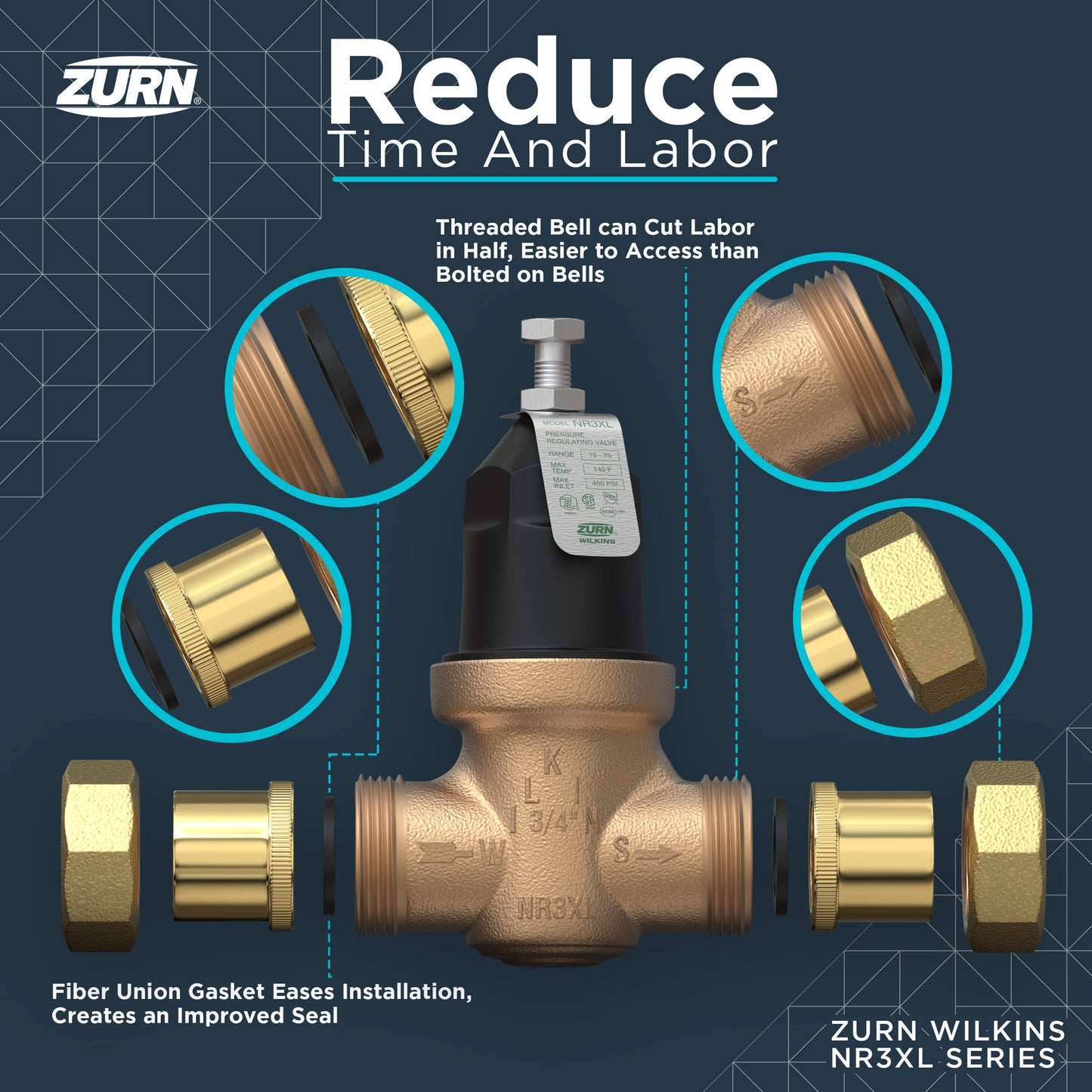 Zurn Wilkins 114-NR3XLDULU 1-1/4" NR3XL Pressure Reducing Valve with Union Capable Female x Female NPT Connection
