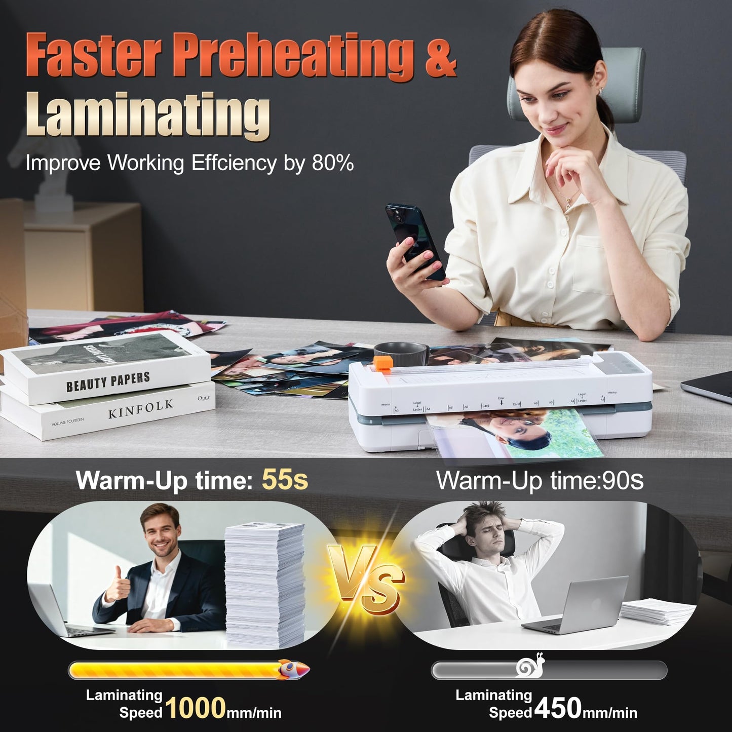 13" 4-Roller Commercial Laminator Machine, Fast 55s Warm-Up&1000mm/min Laminating Speed for Laminating 11x17&A3 Size,Includes 30 Sheets for Office,School(White)