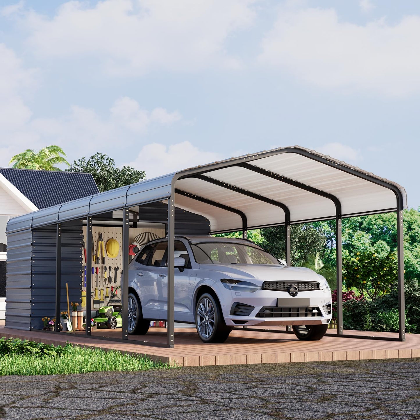 EROMMY 12x25 FT Metal Carport with Side Storage, Heavy Duty Enclosed Carport with Lockable Storage Room, Galvanized Steel Vehicle Shelter for Car, Truck & Tools