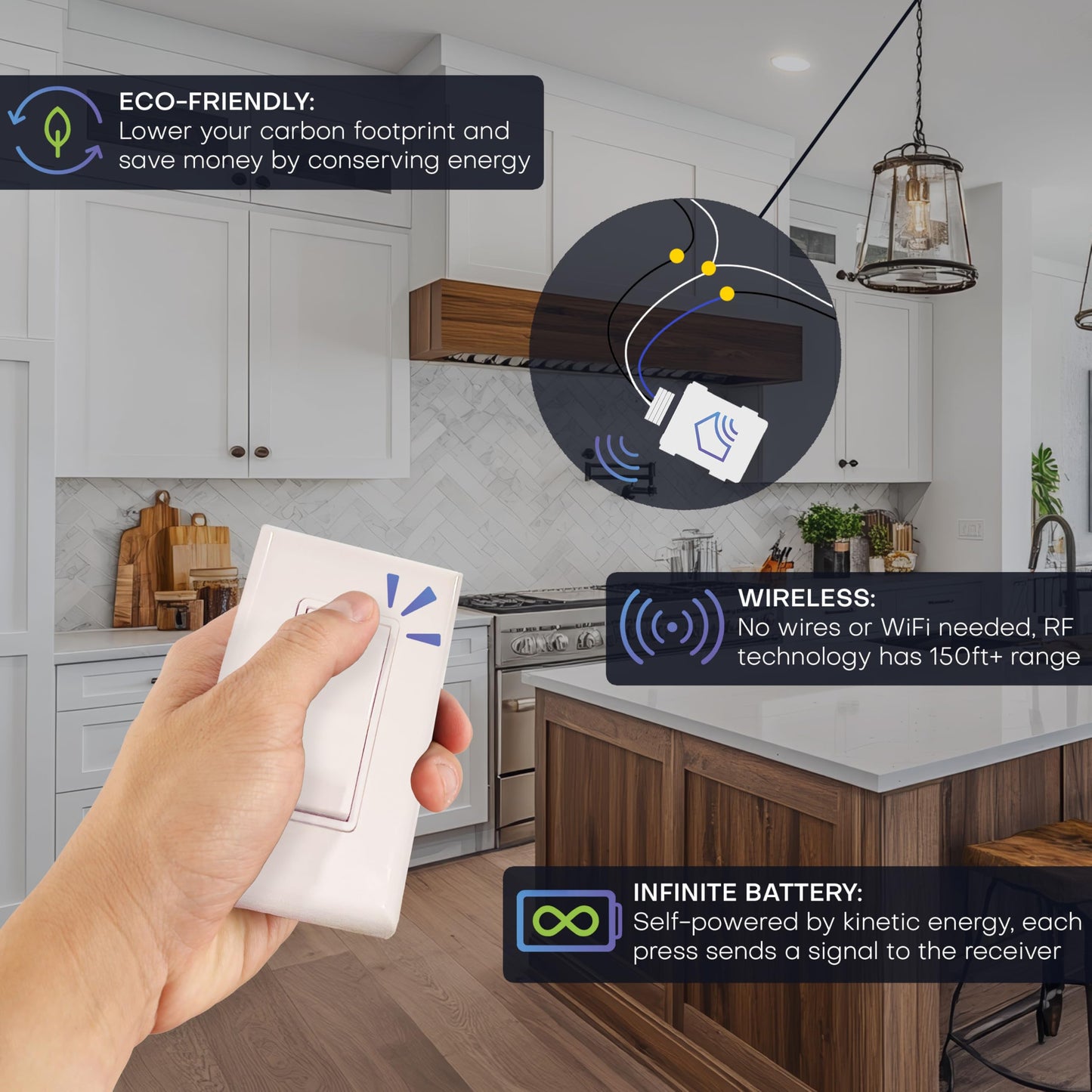 RunLessWire Single Pole Battery-Free DIY Wireless Light Switch Kit 150ft RF Range Self-Powered by Kinetic Energy for Fixtures & Outlets : 1 Remote Switch Controls 1 5A On/Off Receiver White