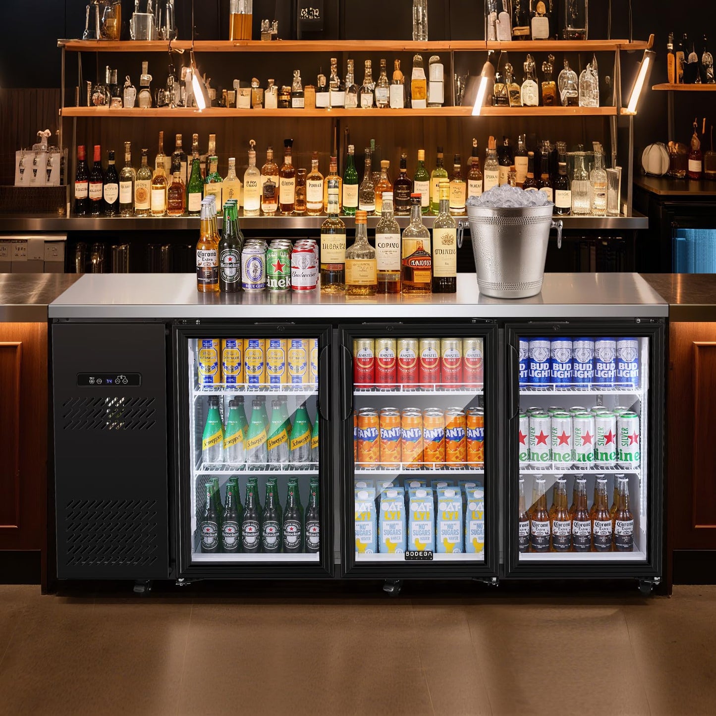 BODEGA BODEGACOOLER Commercial Bar Cooler with 3 Glass Doors, 20.5 Cu.Ft Back Bar Beverage Refrigerator for Beer Soda Wine,LED Lighting With Stainless Steel Top,Casters Kitchen Buffet Table Use