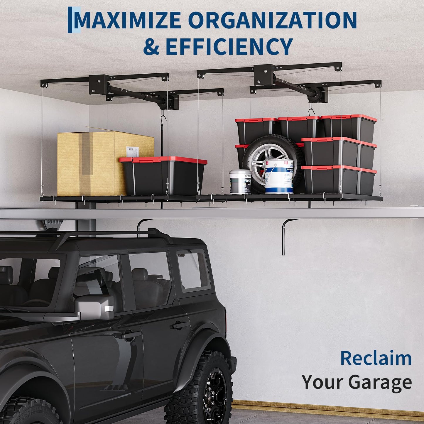 GarveeTech Overhead Garage Storage Rack, Heavy Duty Adjustable 4x4 ft Ceiling Mounted Storage Racks, 350 Lb Capacity Overhead Garage Storage Rack with Manual Safety Lock for Garage Ceiling Storage