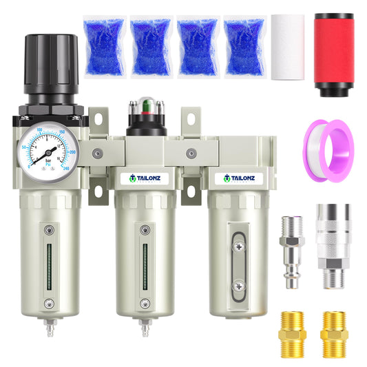 TAILONZ PNEUMATIC 0-240PSI 1/2 Inch NPT Industrial Grade Three Stage Air Drying System, Particulate Filter, Coalescing Filter, Desiccant Dryer and Air Regulator (Manual Drainage)