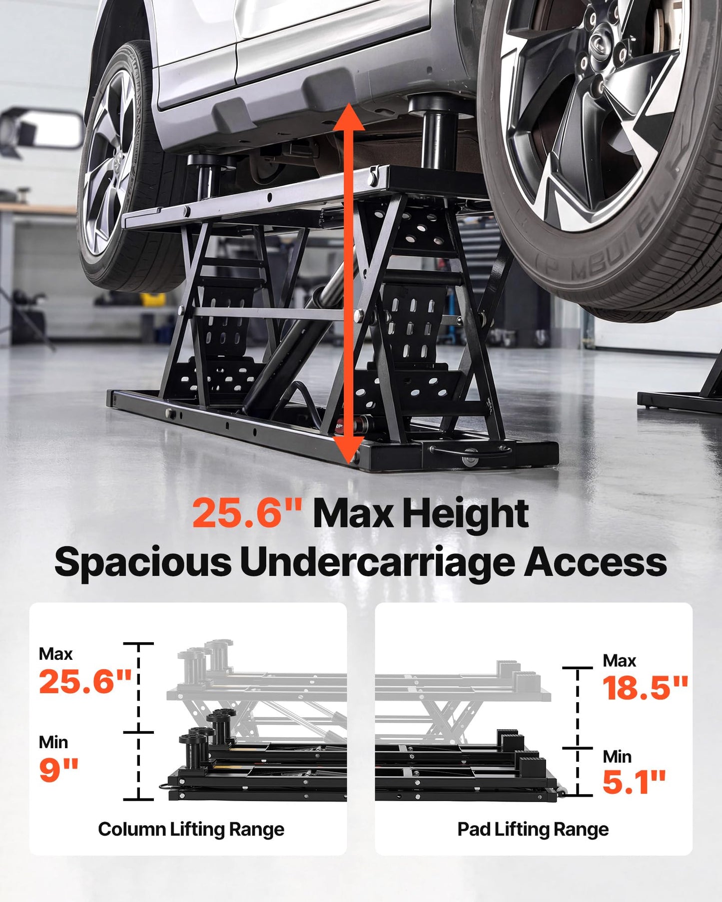 VEVOR Portable Car Lift, 5000 lbs Capacity, Heavy Duty Quick Lift with 25.6" Max Height, Pneumatic Pump, Wheels, 4 Rubber Pads & 4 Lifting Columns for Cars, Compact SUVs, Mini Trucks, Garage or Shop