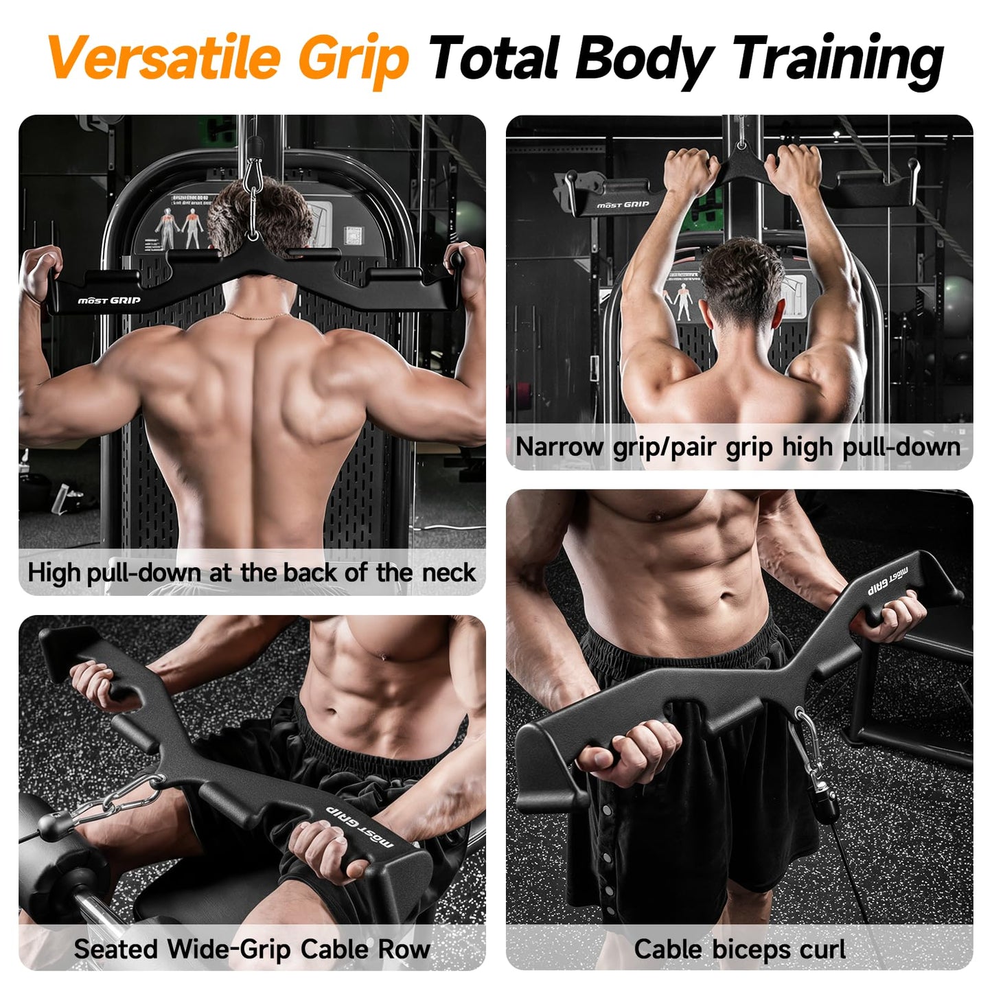 MOST GRIP Multi-Functional Cable Machine Attachment Set, Ergonomic LAT Pulldown Attachment for Whole Back Training, Cable Attachments for Gym Home Include Tricep Rope and 2 LAT Pull Down Bar (Black)