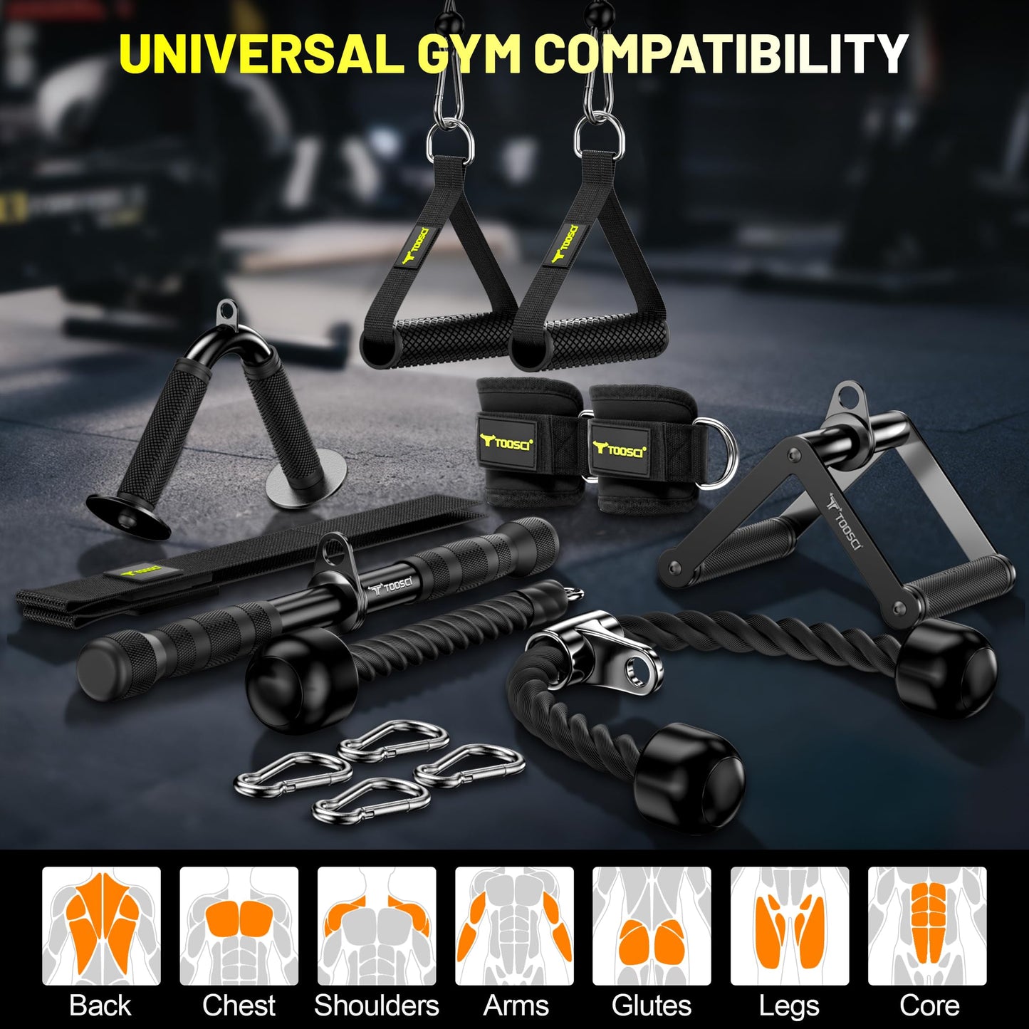Toosci Cable Attachments for Gym, LAT Pulldown & Cable Machine Attachment Set: V-Shaped Bar, Rotating Straight Bar, V Rotation Handle, Nylon Tricep Rope, Ankle Straps & Handles, Home Gym