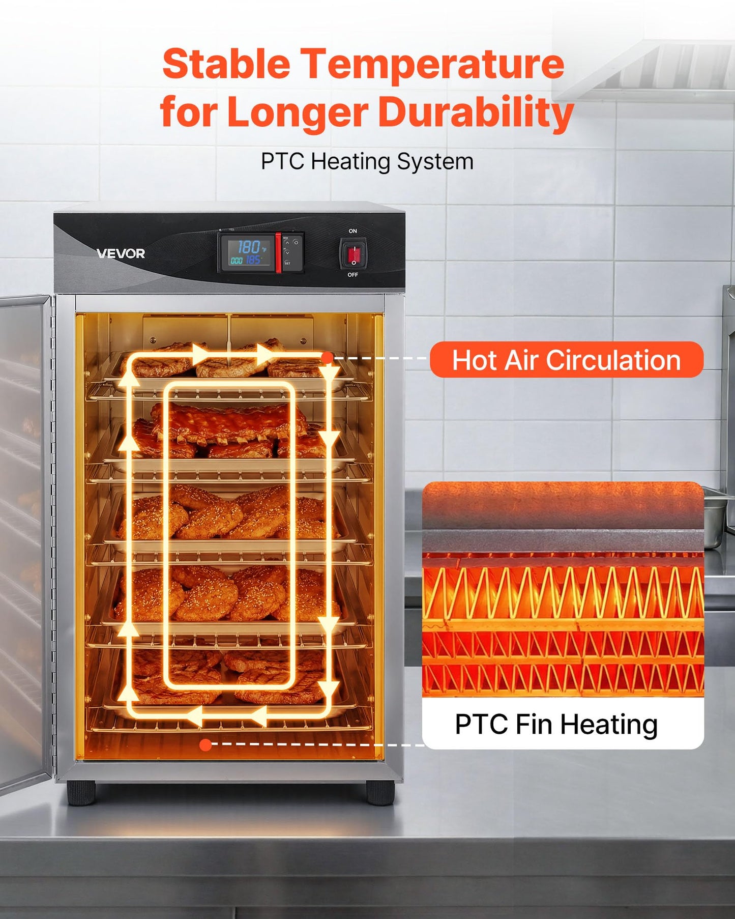 VEVOR Electric Hot Box Food Warmer, 5-Tier Commercial Warming Cabinet with Water Tray, Single-Door and Adjustable Shelves, Stainless Steel Food Warmer Cabinet, for Restaurant, Kitchen, Pizza, Chicken
