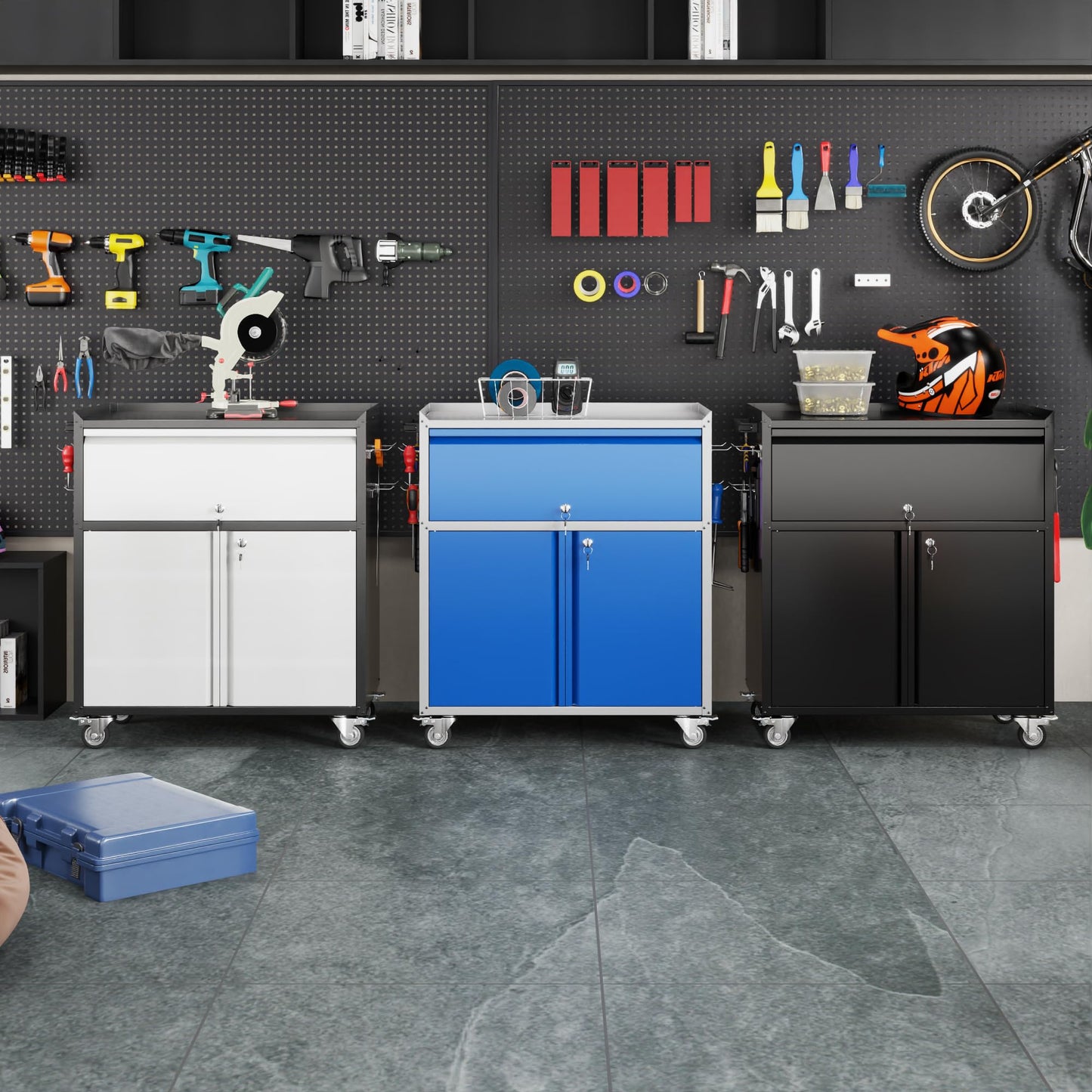 Aobabo Rolling Metal Garage Cabinet, Lockable Storage Cabinet with 1 Drawer, Pegboards, Hooks & Wheels, Heavy Duty Steel Utility Cabinet for Garage, Workshop, Home Office, Black, Assembly Required