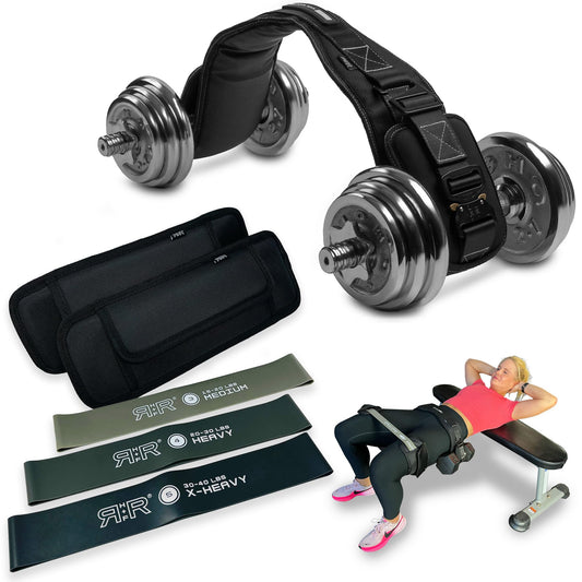 JACKED Premium Hip Thrust Belt + Badonka Band Complete Glute & Hip Abductor System (Includes 3 Latex Booty Bands)