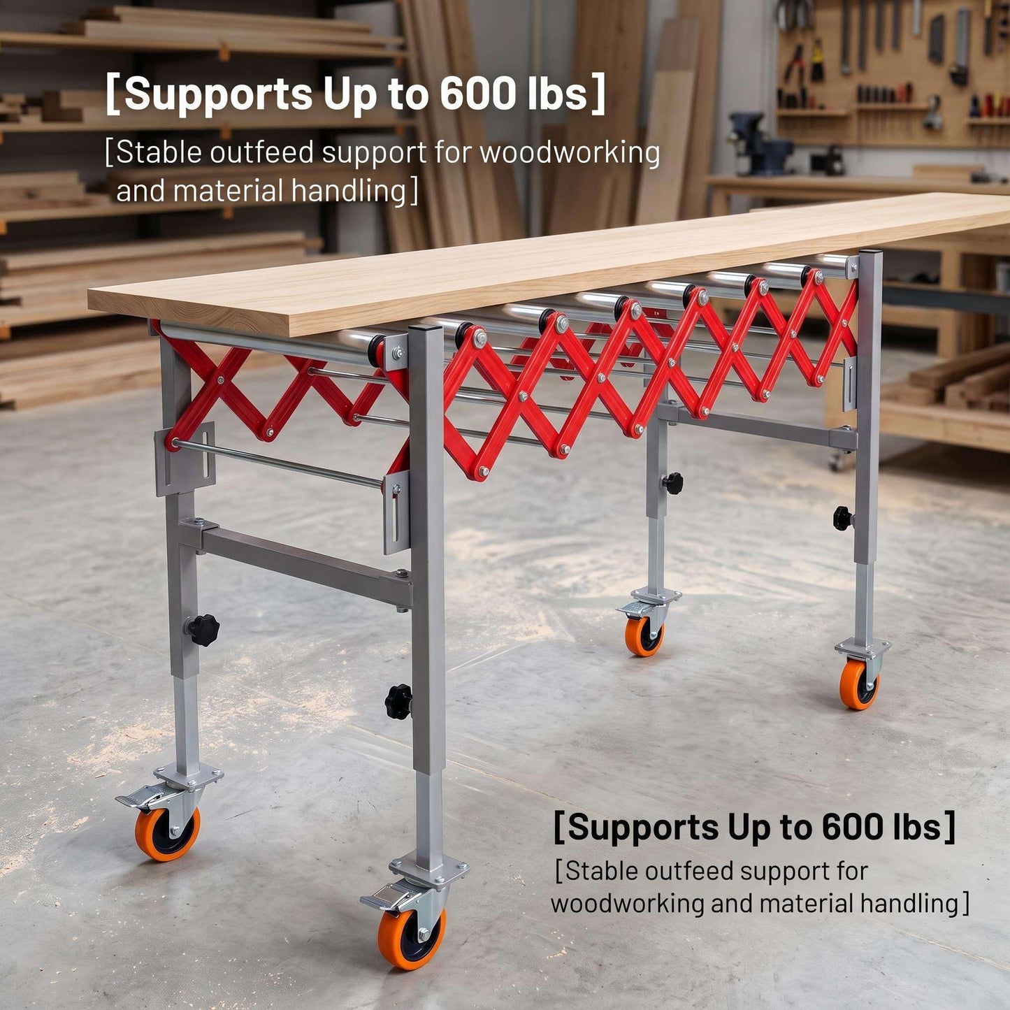 Expandable Roller Conveyor, Portable Material Handling Stand with Locking Casters, 27.5''-43'' Adjustable Height, 600 lbs Capacity Roller Conveyor for Packing Shipping and Roller Conveyor Support