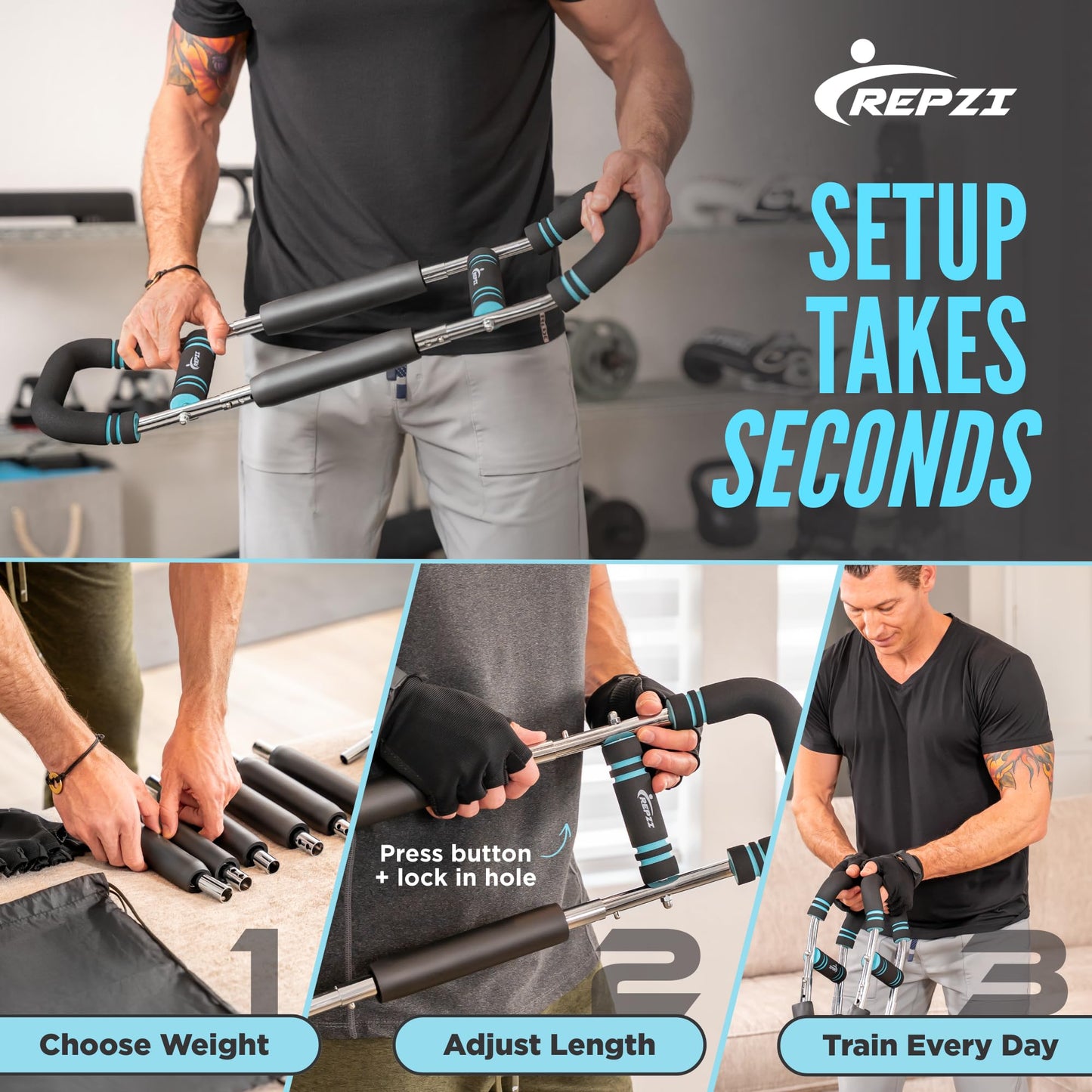 Premium Twister Arm Trainer by REPZI for Chest Workout Equipment 30 to 160 lb, Adjustable 3 Resistance Levels Arm Trainer for Men & Women, Home Gym Upper Body Workout Equipment with Gloves & Carry Bag