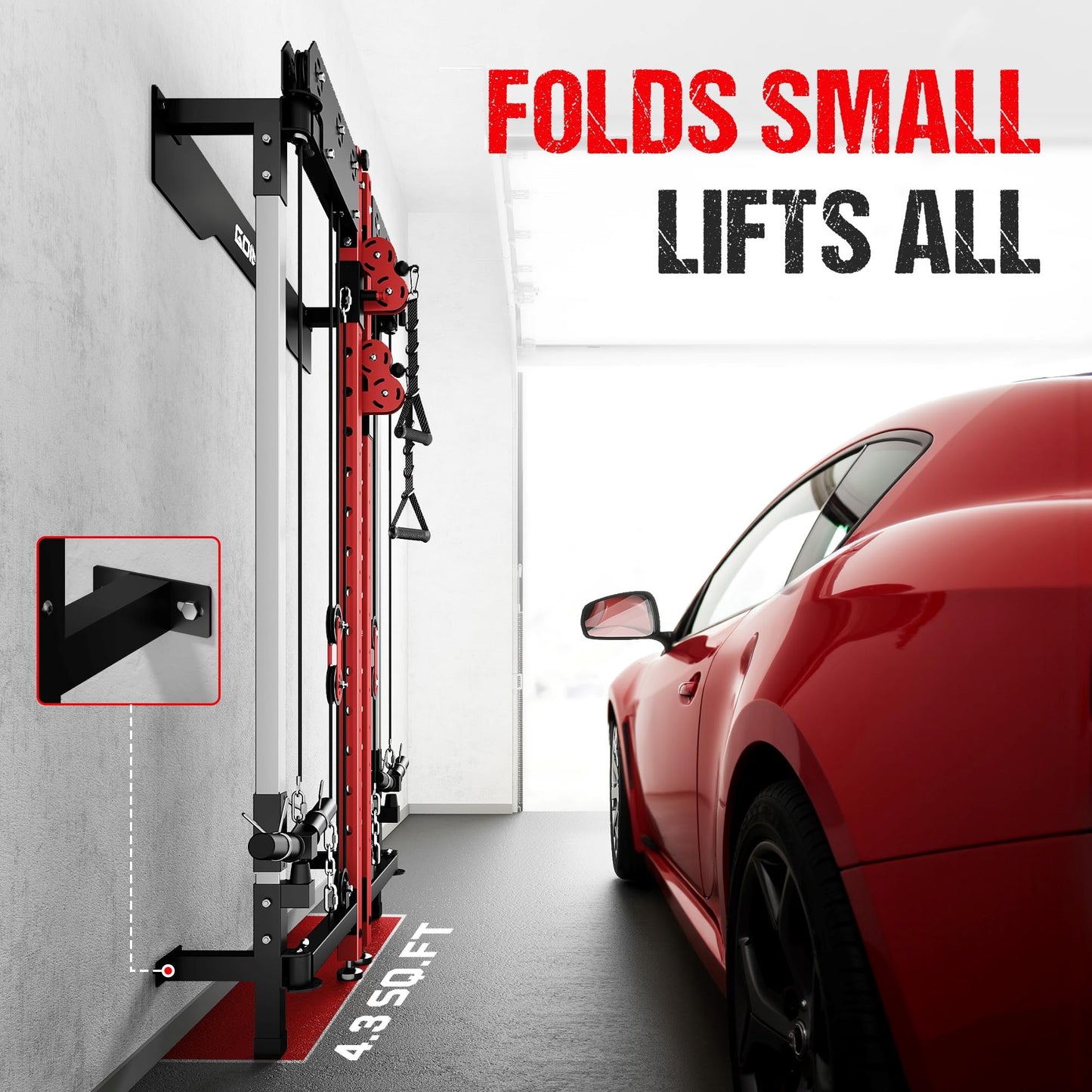 GOIMU WM3-V4 Folding Squat Rack, Wall Mounted Power Rack with Dual Independent Pulley System, Functional Trainer with 5 Adjustable Function Modes for Space Saving (WM3 Folding Cage Red)