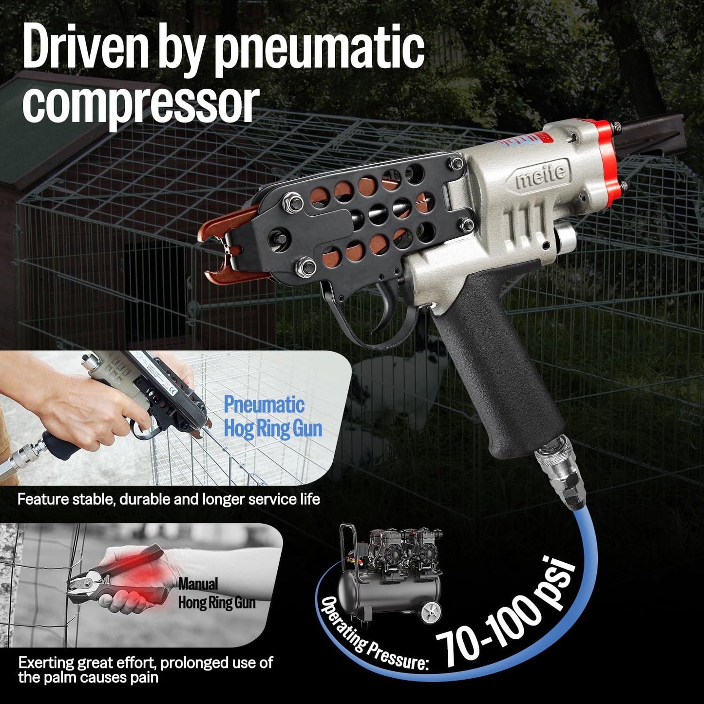 meite SC7C-I2 Pneumatic Hog Ring Gun, 15 Gauge 3/4" Crown Hog Ring Pliers, 5.5-6.0 mm Closure, Upgrade Trigger Air C Ring Stapler for Mattress, Seat Assembly, Wire Cages, and Fencing