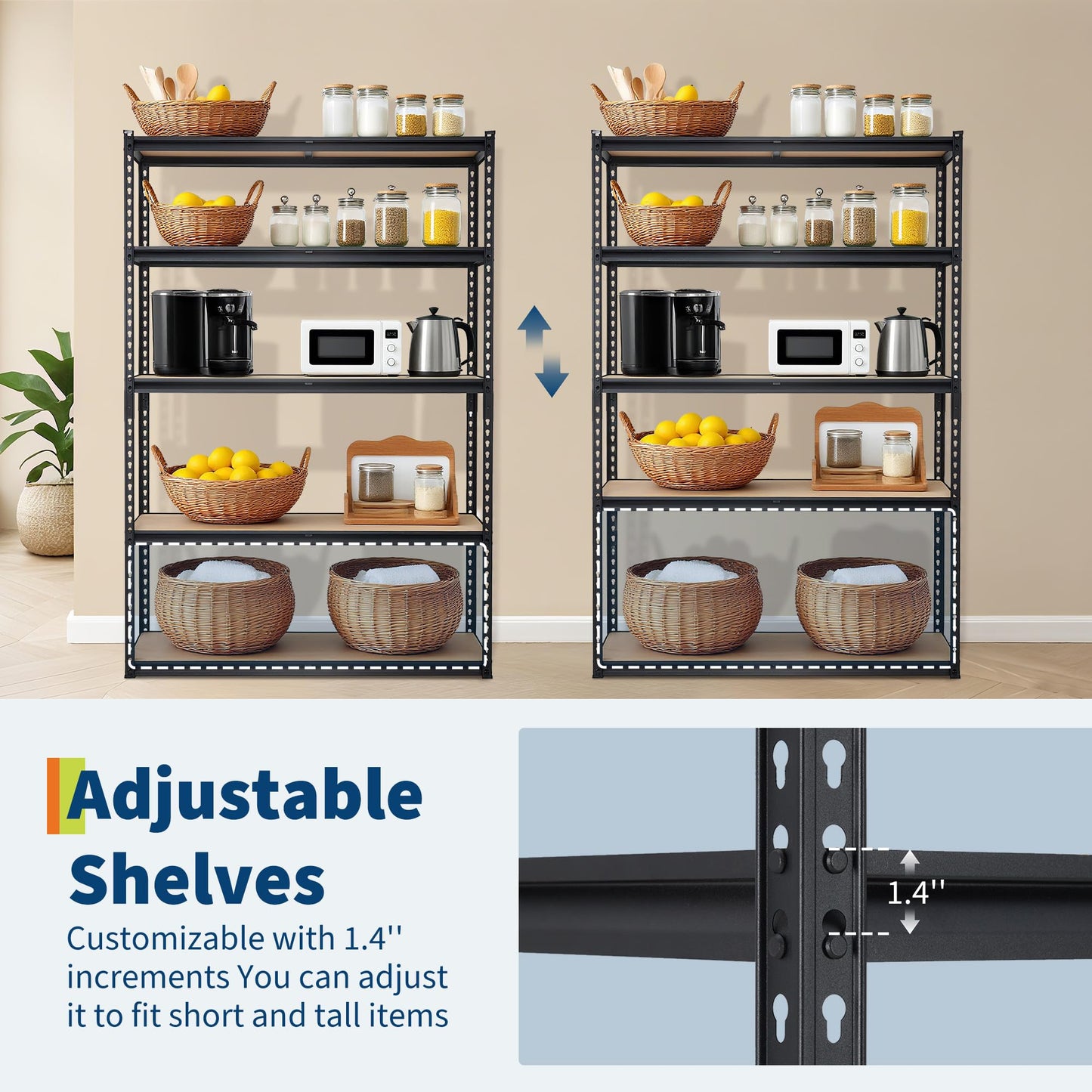 Garage Storage Shelves 5 Tiers, Heavy Duty Storage Shelving Racks with 2500 LBS Capacity, 48 " L x 18 in W x 72 in H Metal Adjustable Shelving Unit for Kitchen Pantry Basement Bathroom Laundry