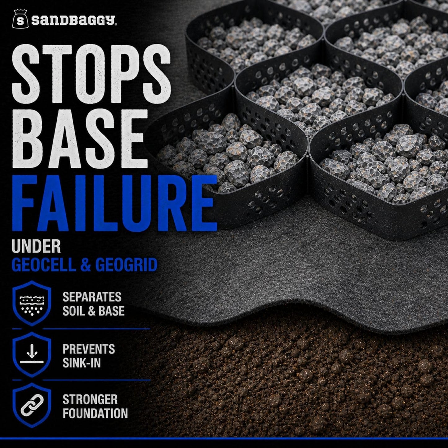 Sandbaggy Geogrid & Geocell Underlayment Fabric | Non-Woven Geotextile (8 oz) – Soil Stabilization for Driveways, Roads & Gravel – Erosion Control for Slopes & Walls | USA Made (10 ft x 100 ft Roll)