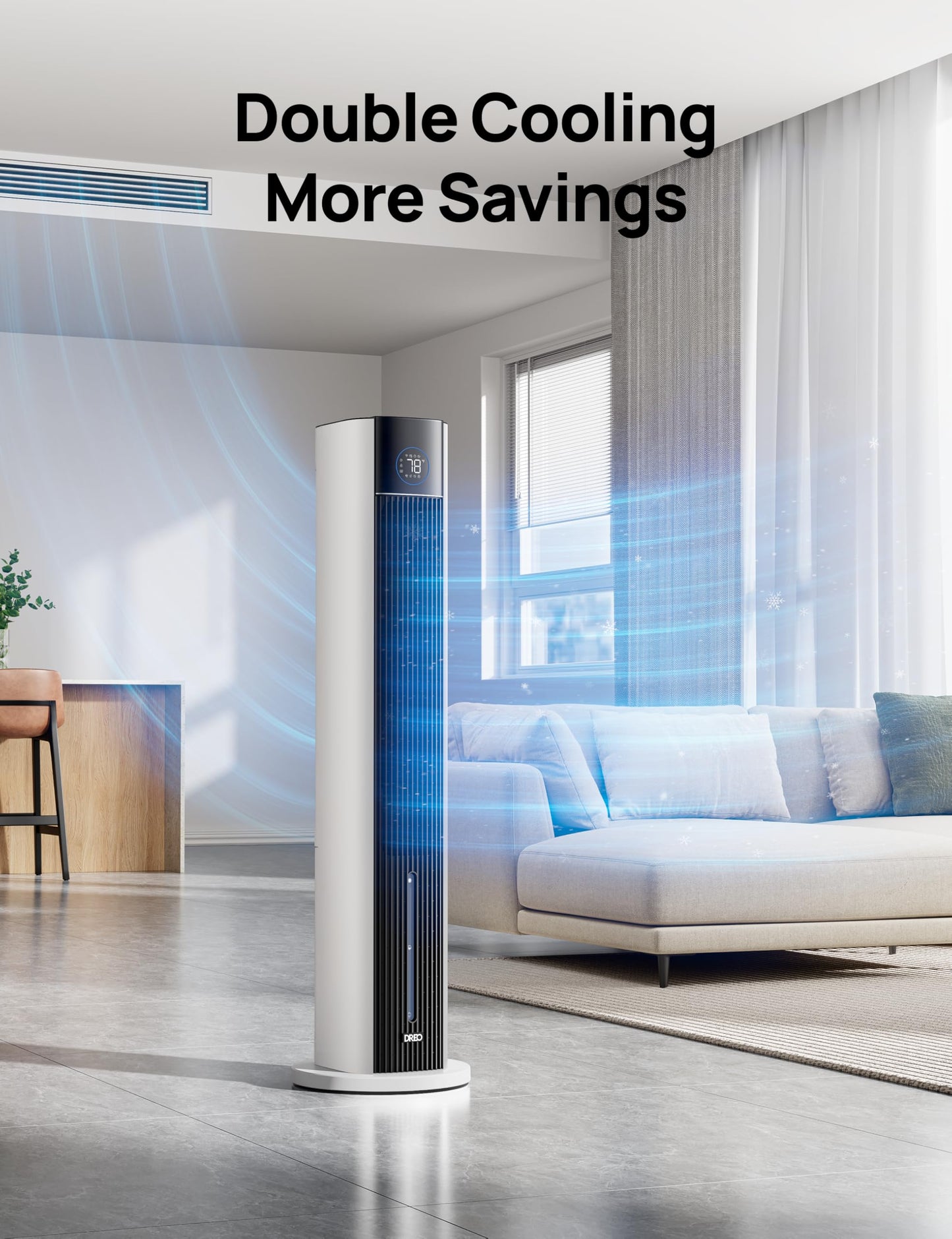 DREO Evaporative Air Swamp Cooler, 43" Cooling Fans that Blow Cold Air 2026 Upgraded, 80° Oscillating Floor Fan for Bedroom, Easy Cleaning, APP Control, Ice Packs, 4 Speeds & 4 Modes, 12H Timer, White