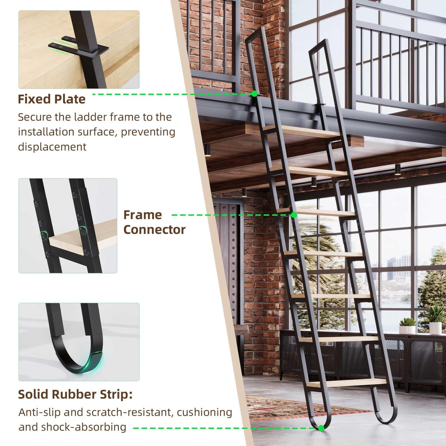11.35FT Industrial Style Loft Ladder, 9 Steps with Black Steel Handrails & Solid Wood Steps, 450lbs Capacity, Fits 9.2-10FT Installation Height,for Attic, Kitchen, Warehouse,Bookshelf& Outdoor