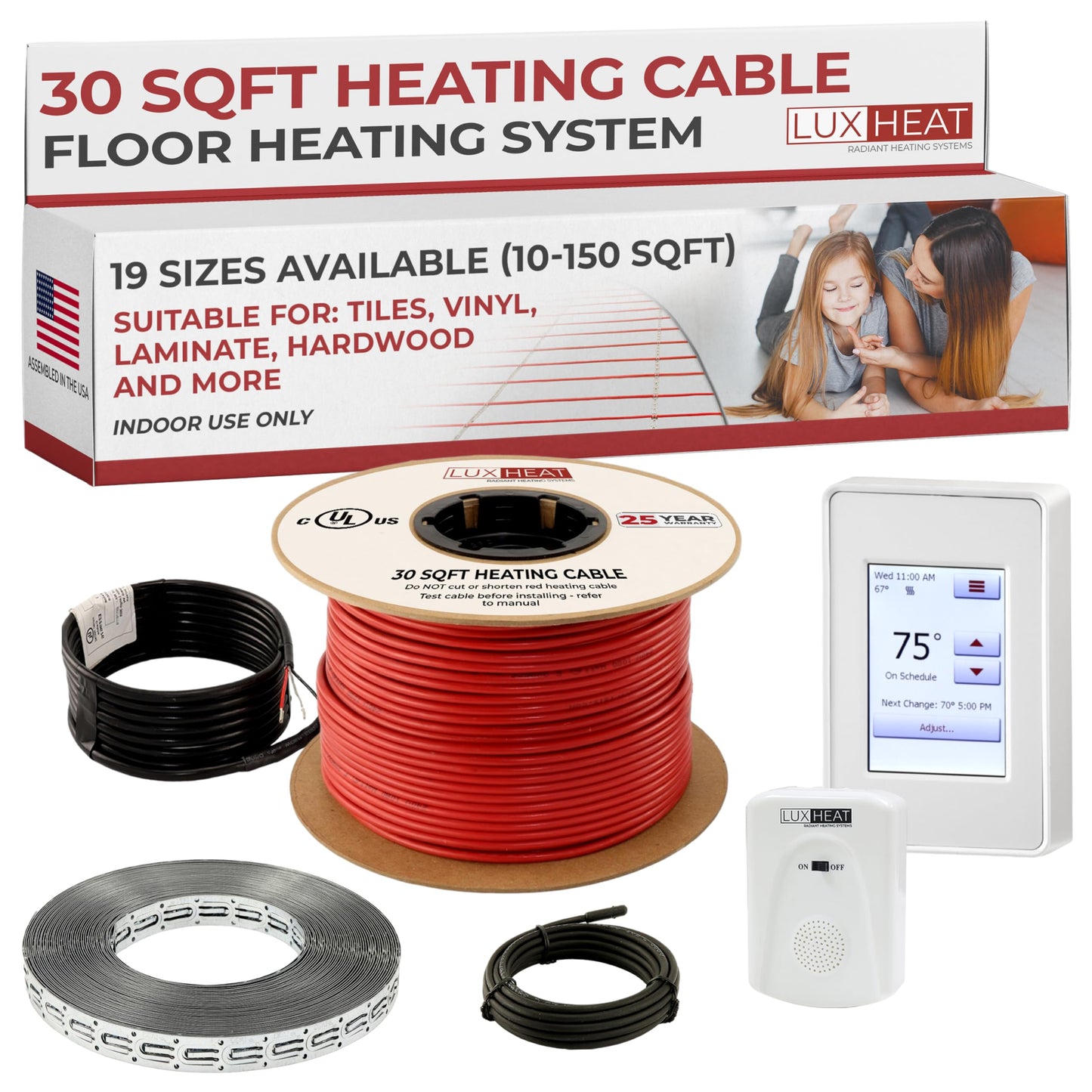 LuxHeat 30sqft Floor Heating Cable Kit - 120v Heated Floor Kit for Tile - Heated Flooring System Includes UDG4 Programmable Thermostat w/GFCI, Electric Heating Cable, Strapping, Sensor & Alarm