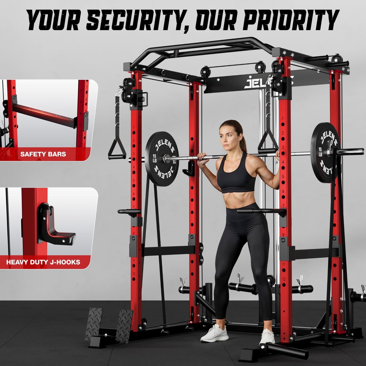 JELENS C12 Squat Rack for Home Gym, 2000LBS Power Rack with Adjustable Pulley System, Power Cage Workout Equipment with LAT Pulldown and Training Attachment (Red, C12 Squat Rack)
