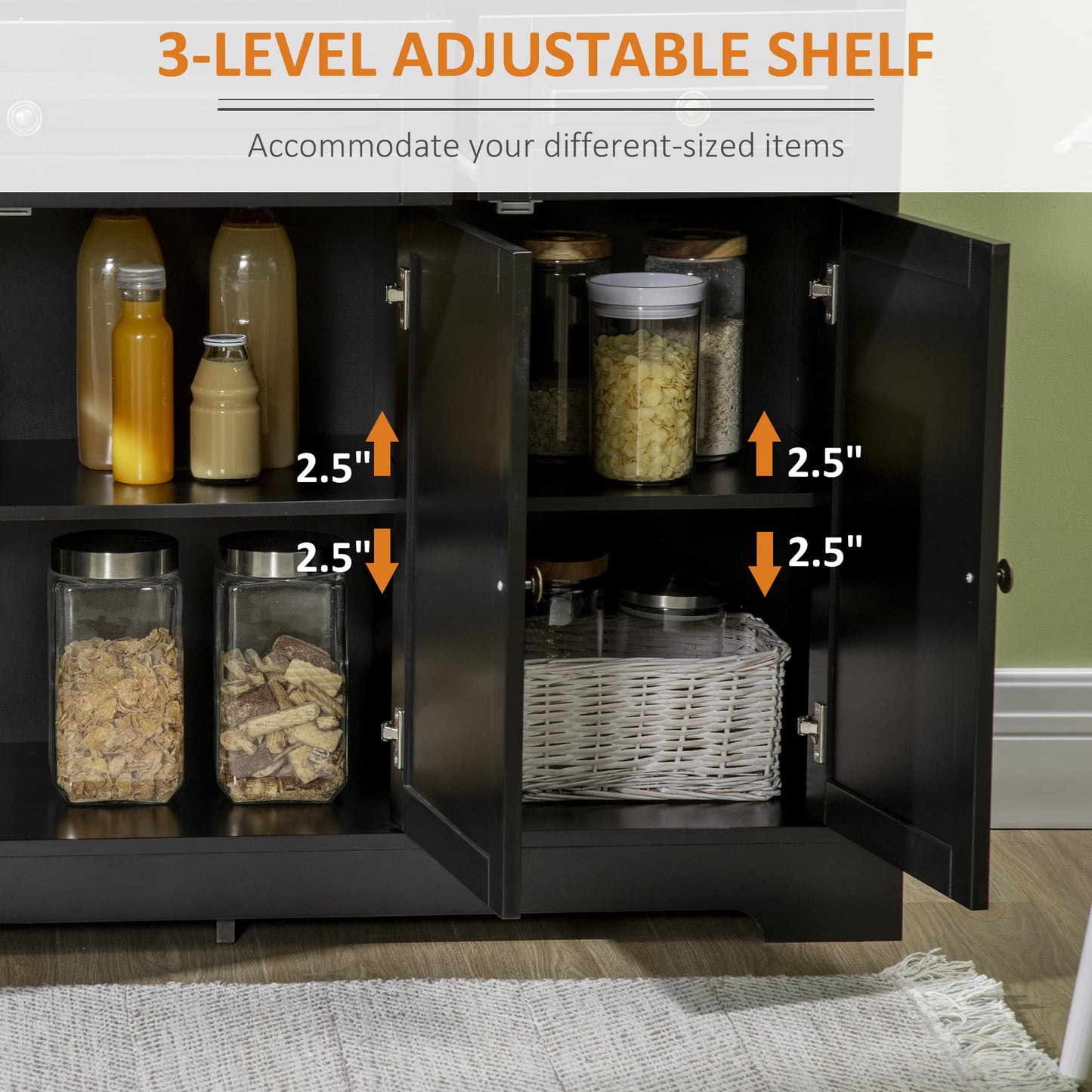 HOMCOM Sideboard Buffet Cabinet, Modern Buffet Cabinet with Storage and 2 Drawers, Coffee Bar Station with Adjustable Shelves for Kitchen, Entryway, Black