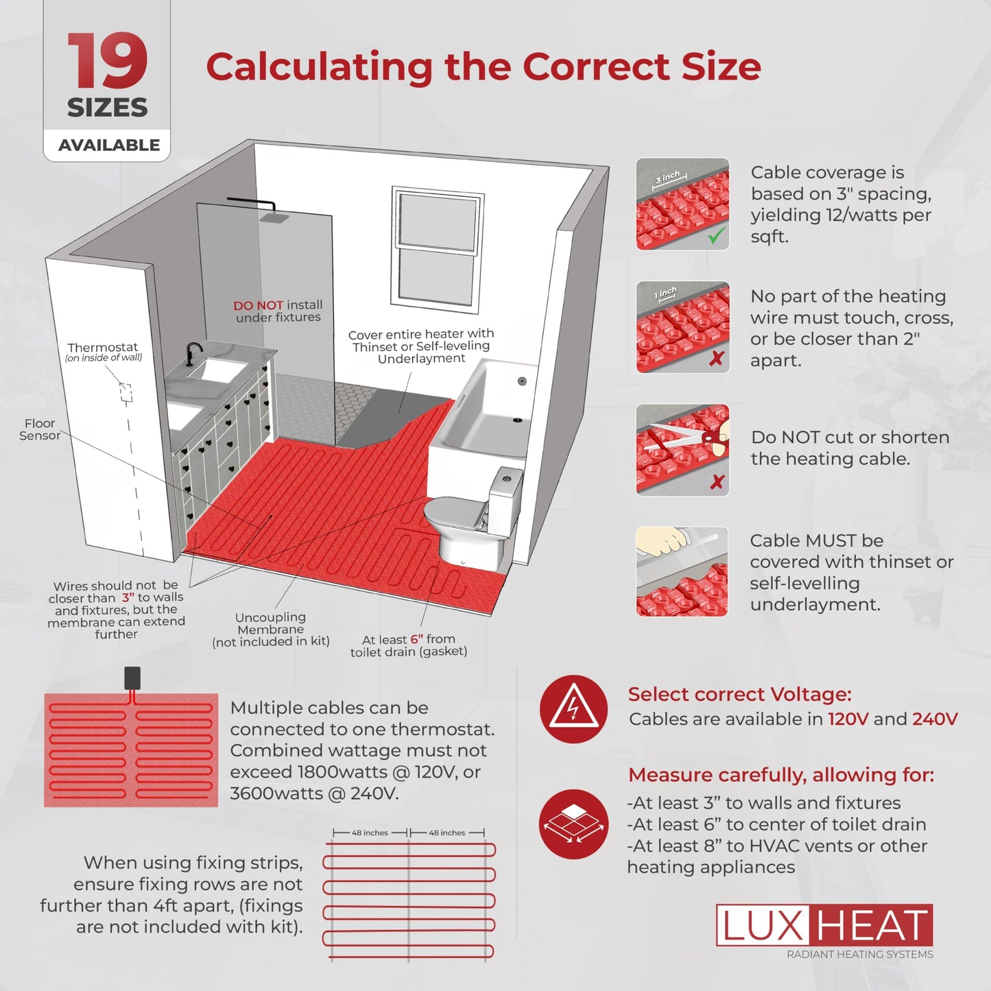 LuxHeat 150sqft Floor Heating Cable Kit - 120v Under Tile Floor Heater Kit - Heated Flooring System Includes UWG4 WiFi Programmable Thermostat w/GFCI, Heating Cable, Alarm & Flooring Sensor