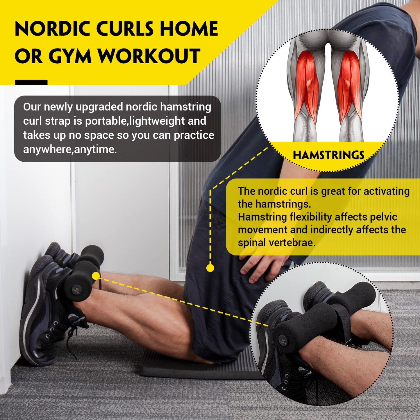 Nordic Hamstring Curl Strap with Fitness Knee Mat, Holds 420 Pounds for Hamstring Curls, Sit Up Bar for Floor, Spanish Squats, Ab Workout, 5 Seconds Setup Nordic Curl Home Fitness Equipment
